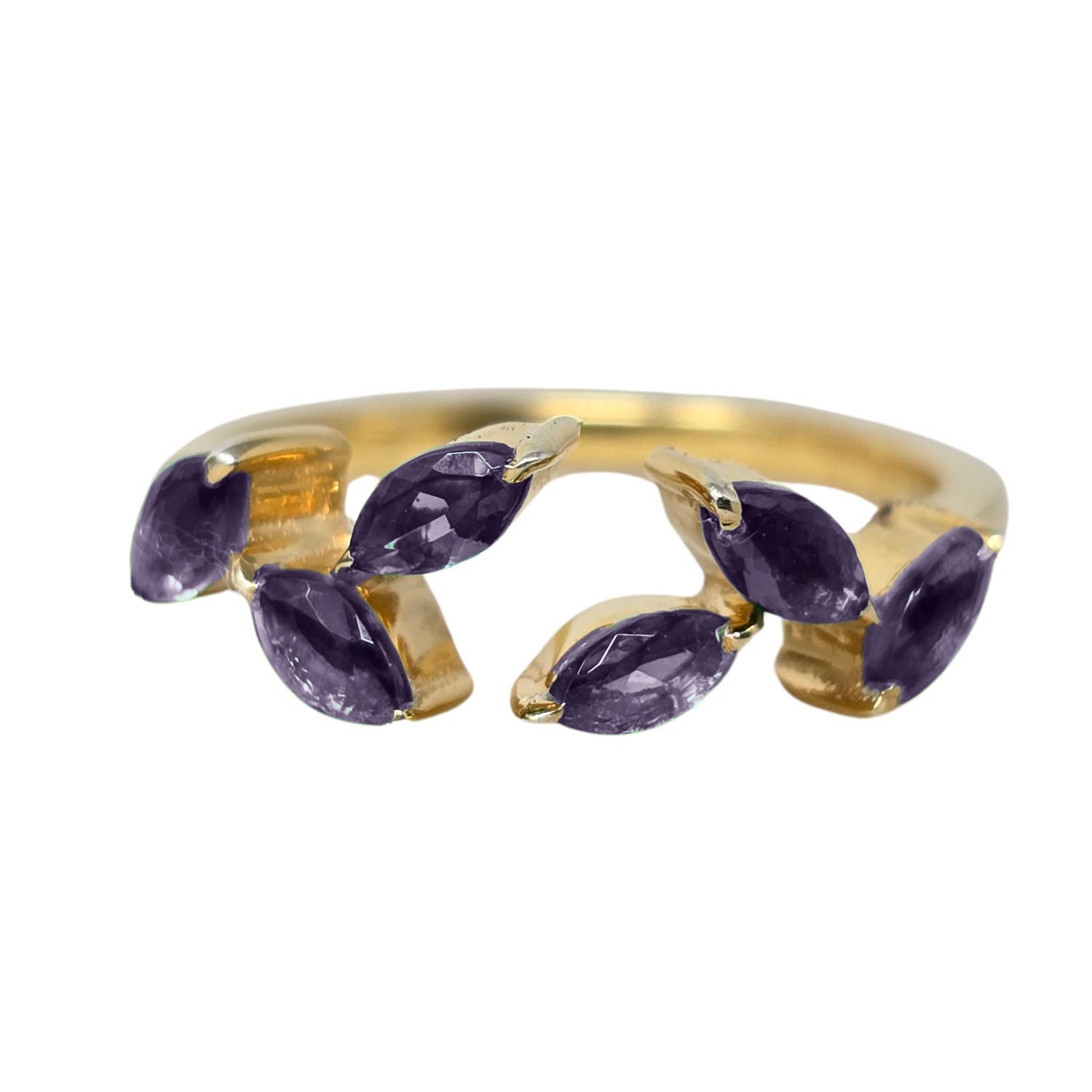 Gold Vermeil Open Leaf Ring With Amethyst Gemstones