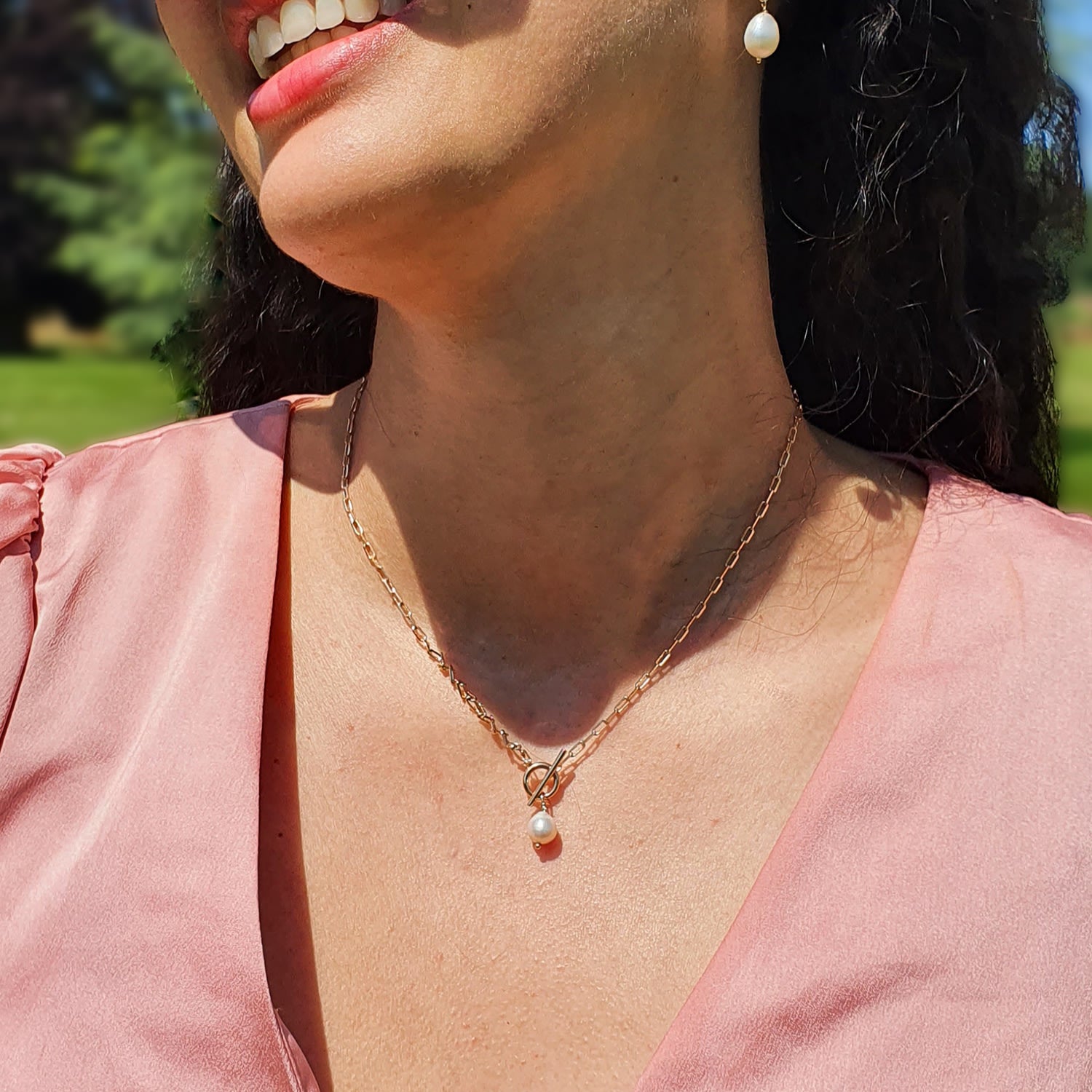 Gold Vermeil Pearl T-Bar Necklace - June Birthstone