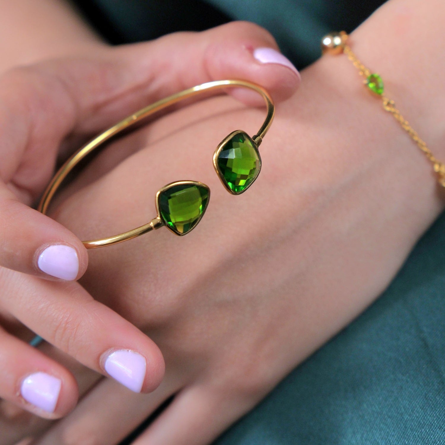 Gold Vermeil Peridot August Birthstone Crystal Bangle Bracelet