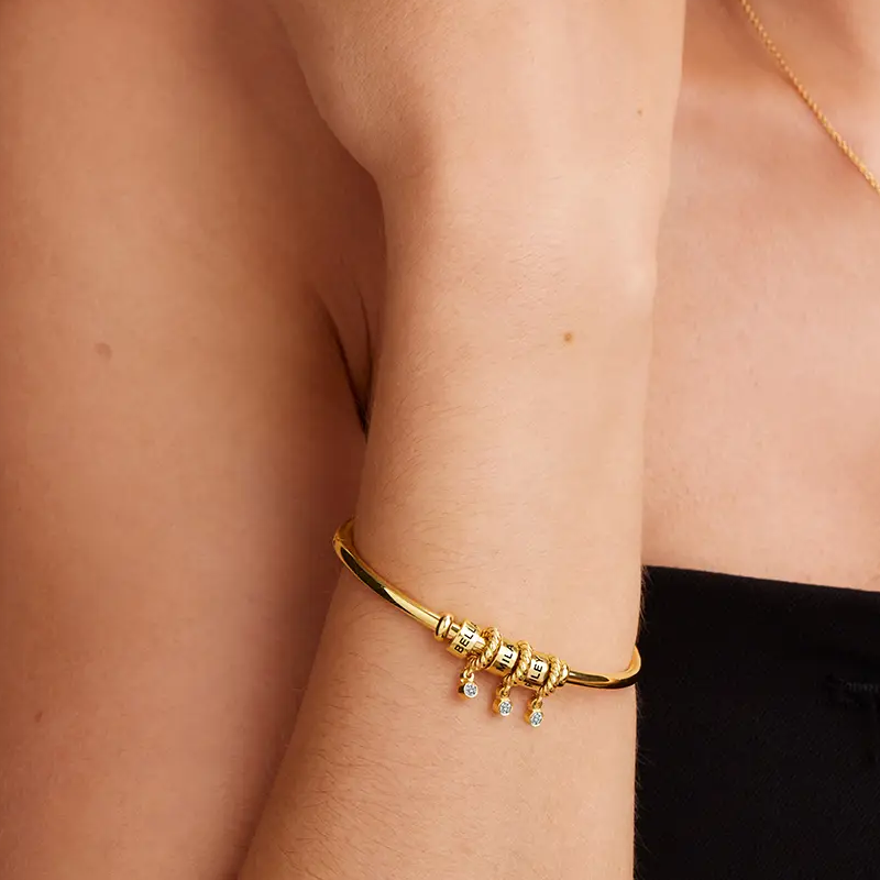 Gold Vermeil Personalized Engraving Bangle with Circle Pendant for Women