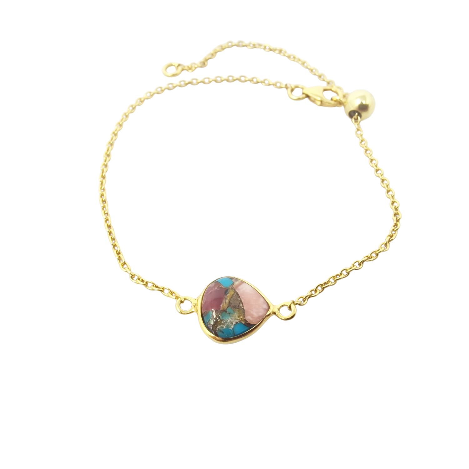 Gold Vermeil Pink Opal And Turquoise Adjustable Gemstone Crystal Bracelet