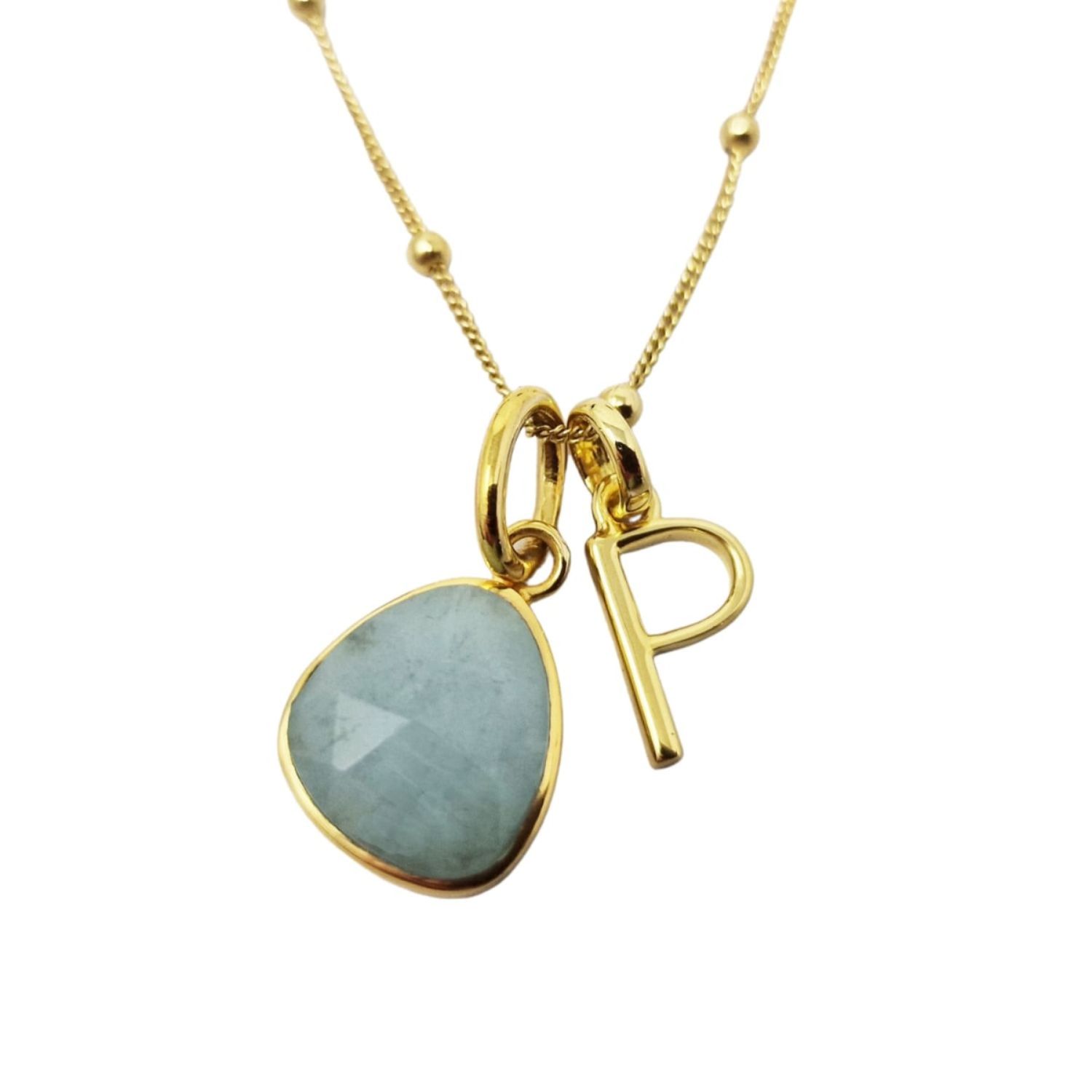Gold Vermeil Plated Blue Aquamarine Gemstone And Initial Charm Necklace