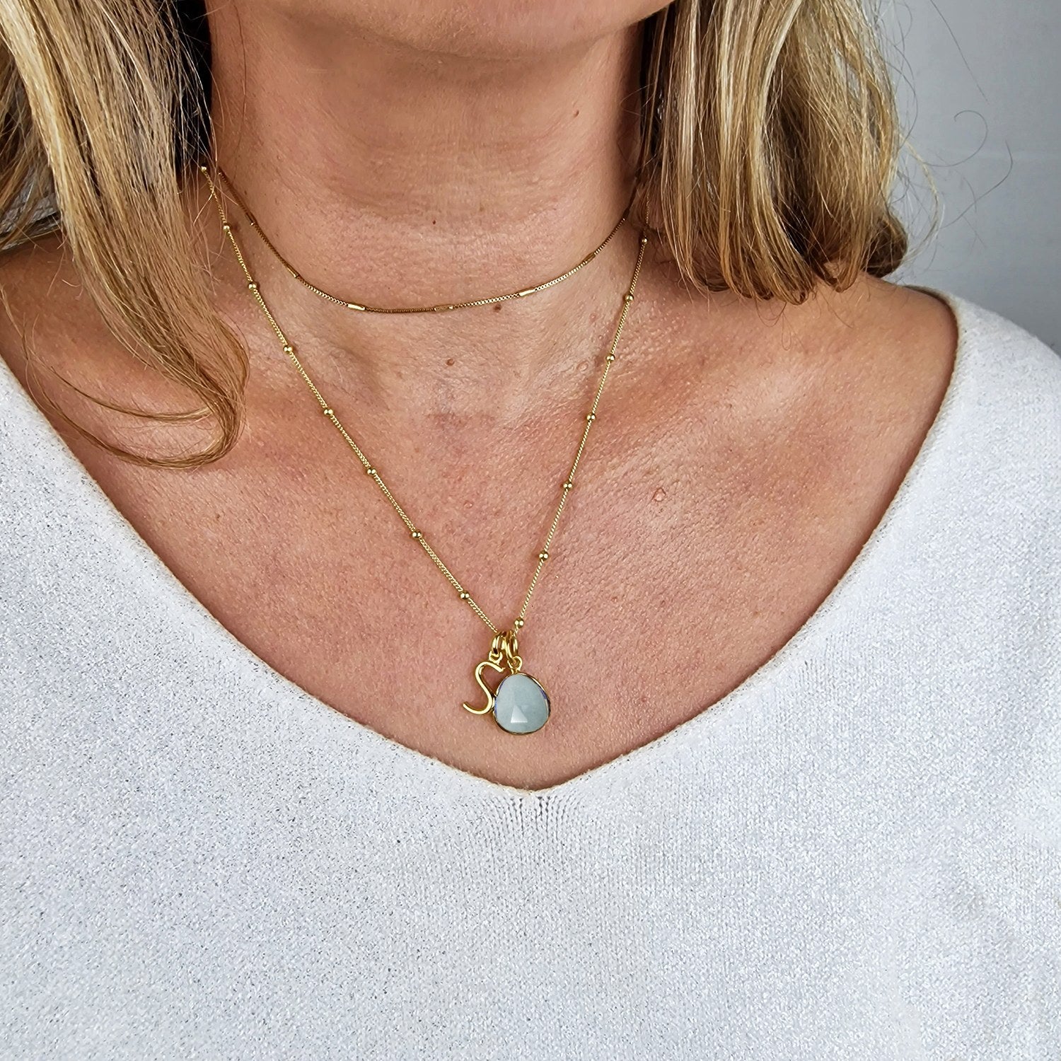 Gold Vermeil Plated Blue Aquamarine Gemstone Initial Charm Necklace