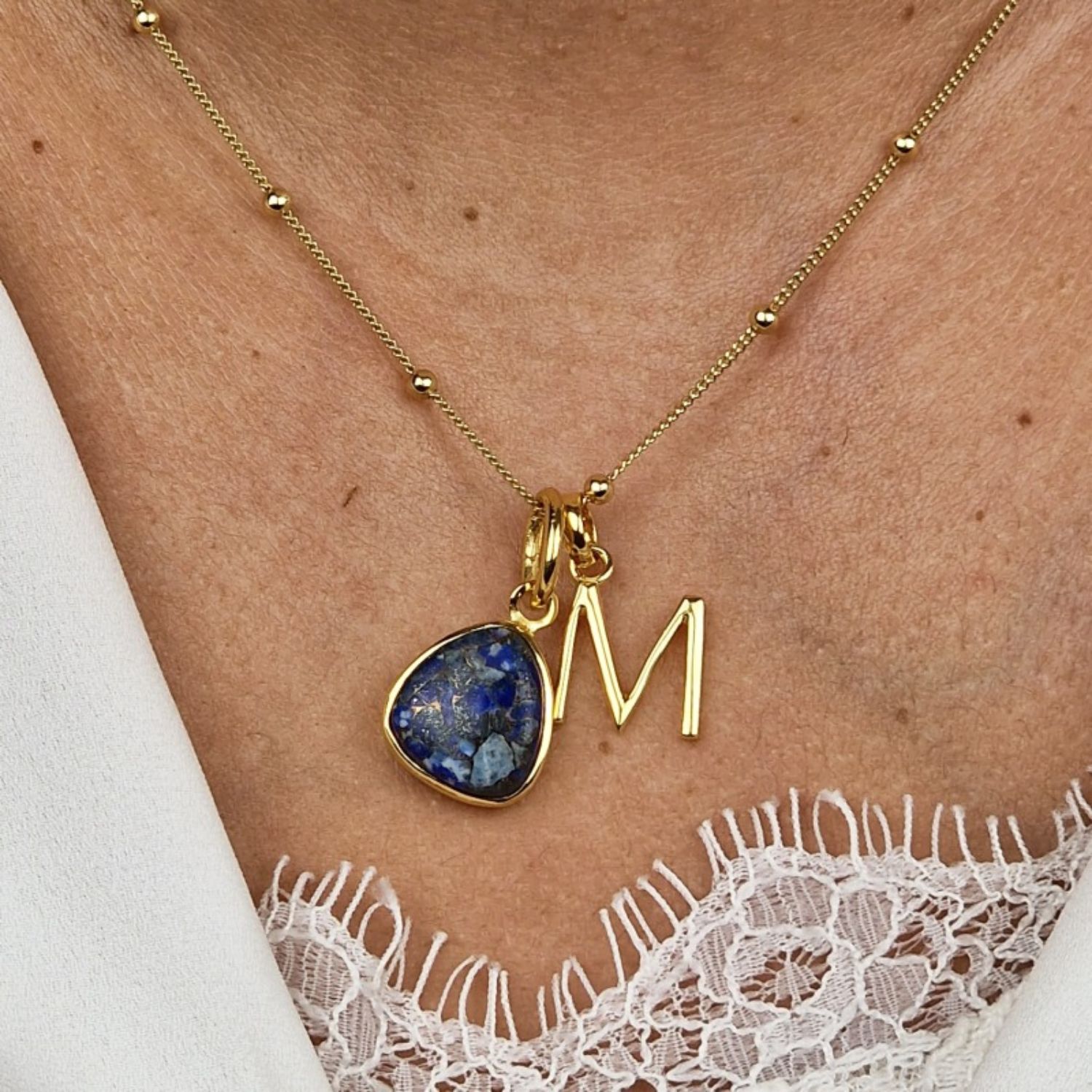Gold Vermeil Plated Blue Lapis Lazuli September Birthstone And Initial Pendant Necklace