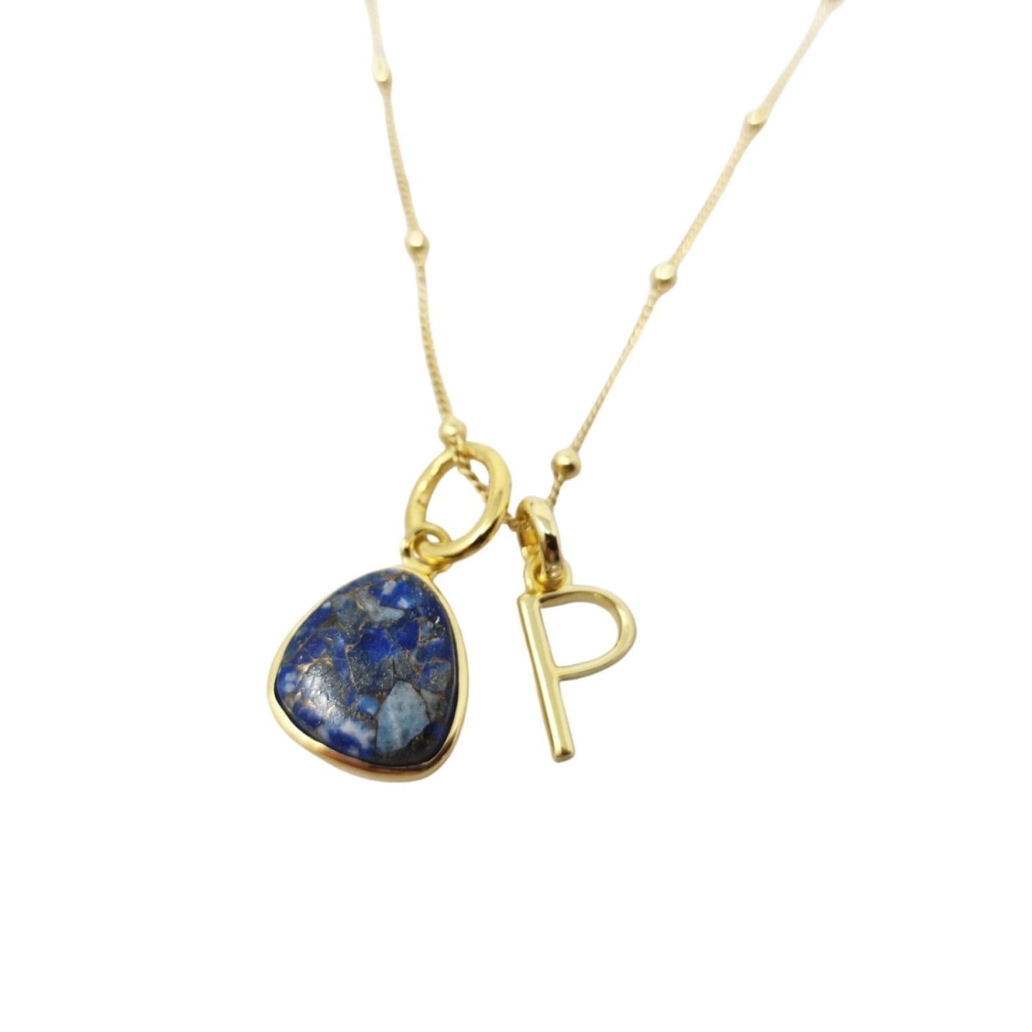 Gold Vermeil Plated Blue Lapis Lazuli September Birthstone And Initial Pendant Necklace