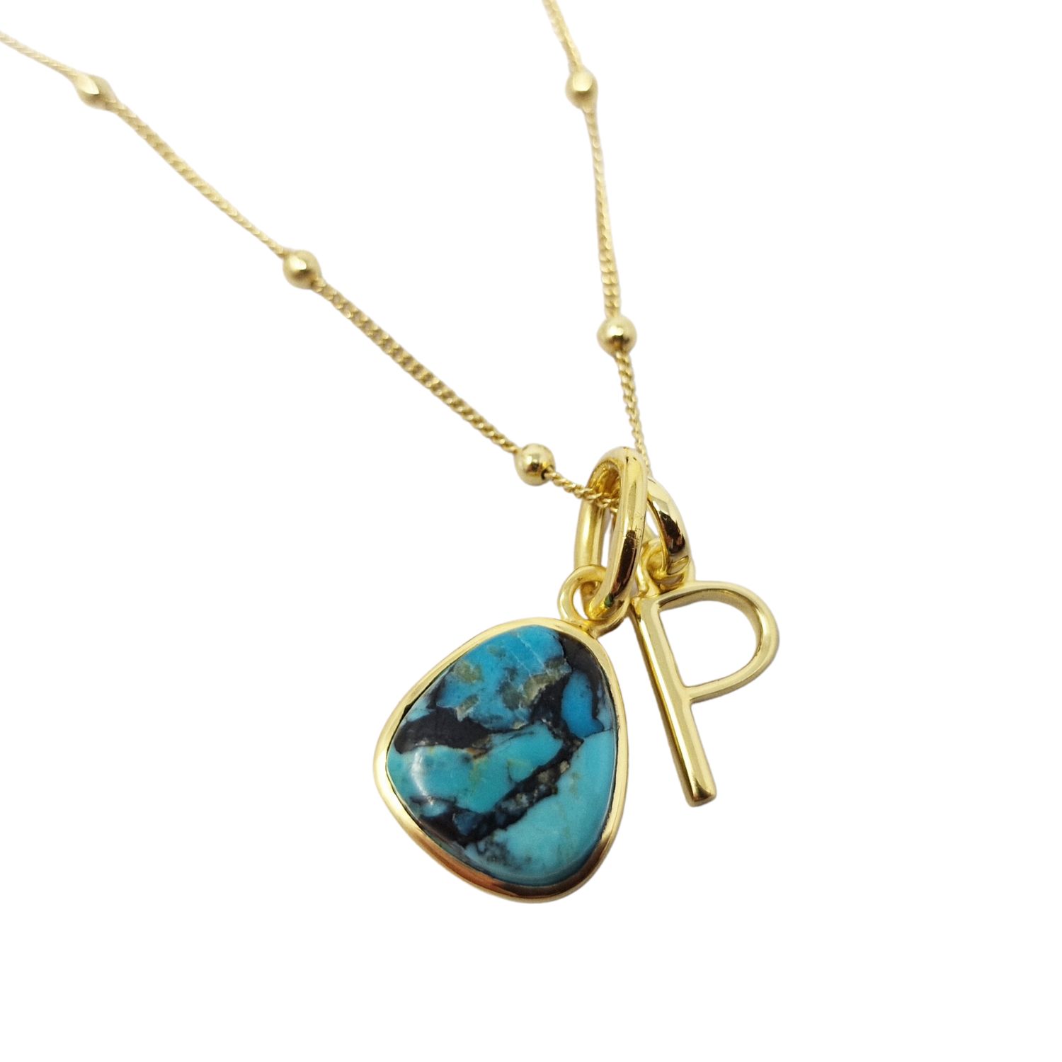 Gold Vermeil Plated Blue Turquoise December Birthstone Initial Pendant Charm Necklace