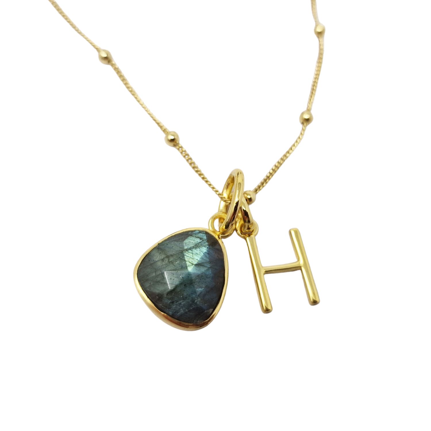 Gold Vermeil Plated Brown Grey Labradorite Gemstone Crystal Initial Charm Necklace