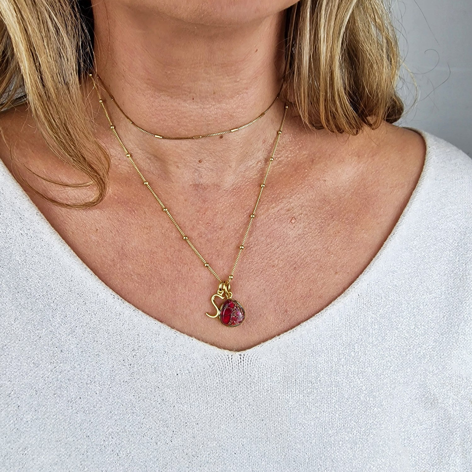 Gold Vermeil Plated Garnet January Birthstone And Initial Charm Necklace