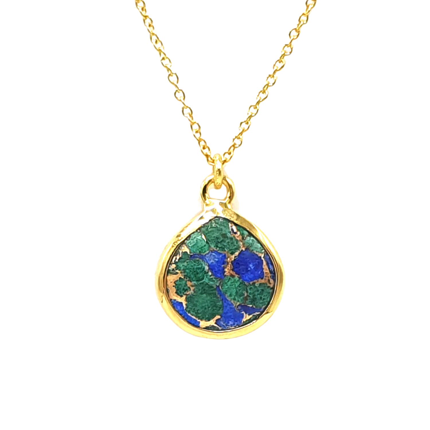 Gold Vermeil Plated Green Blue Azurite & Malachite Pendant Charm Necklace
