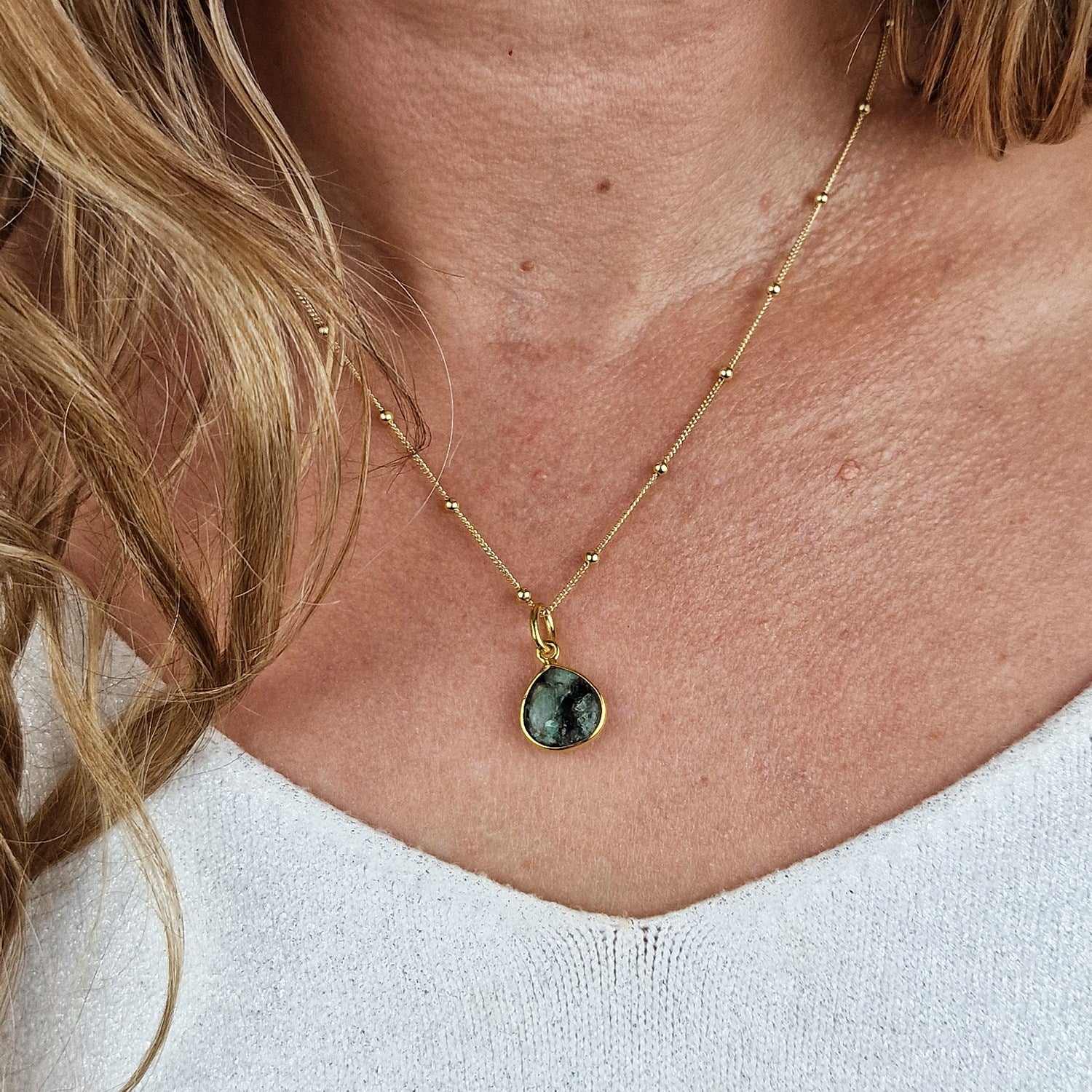 Gold Vermeil Plated Natural Green Emerald Crystal May Birthstone Charm Necklace
