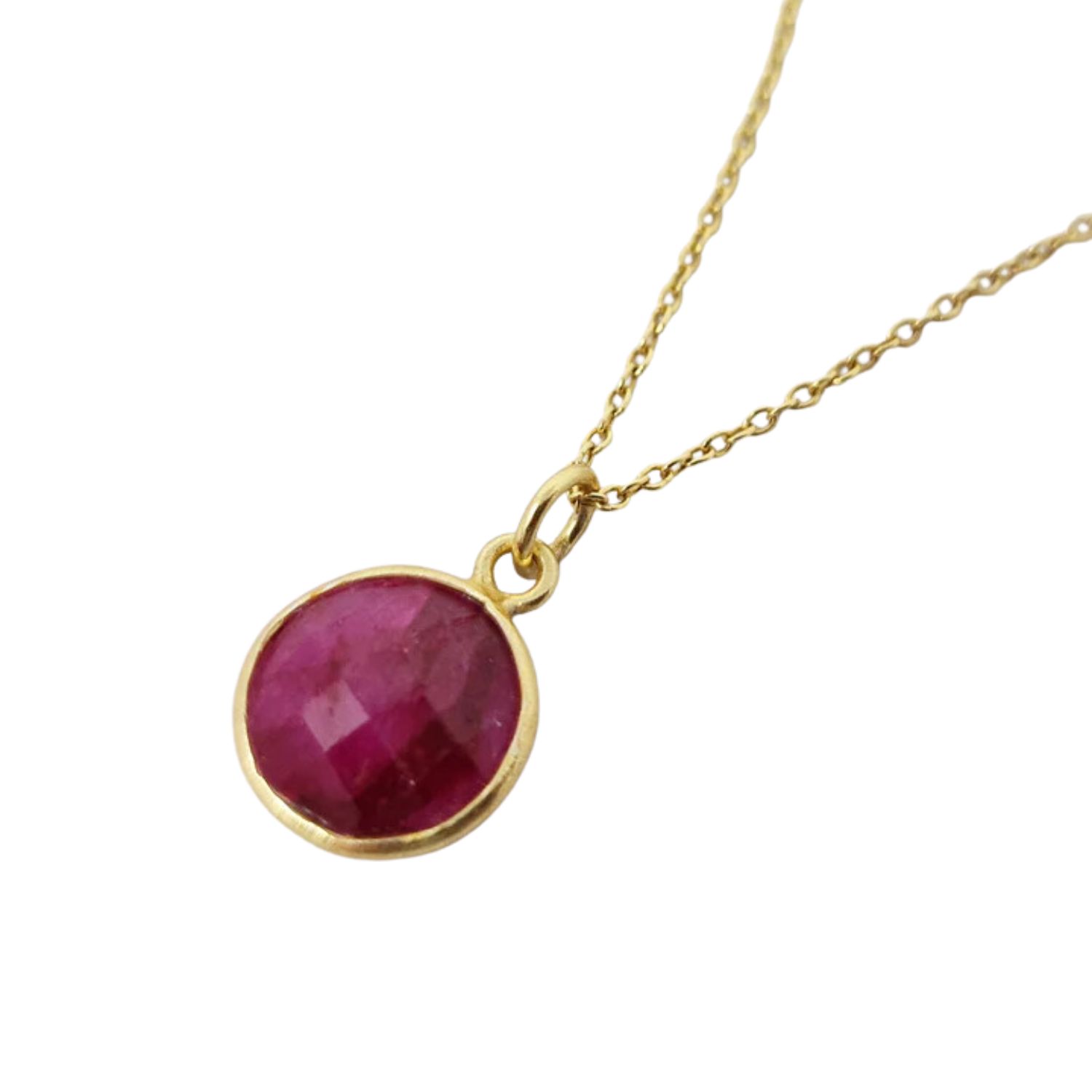 Gold Vermeil Plated Round Pink Ruby July Birthstone Crystal Necklace