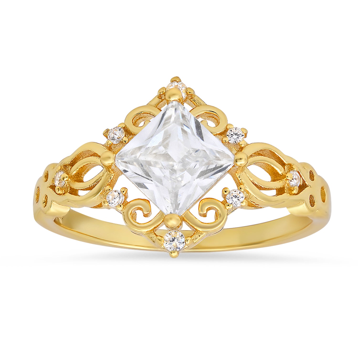 Gold Vintage Princess Cut Diamond Cz Filigree Ring