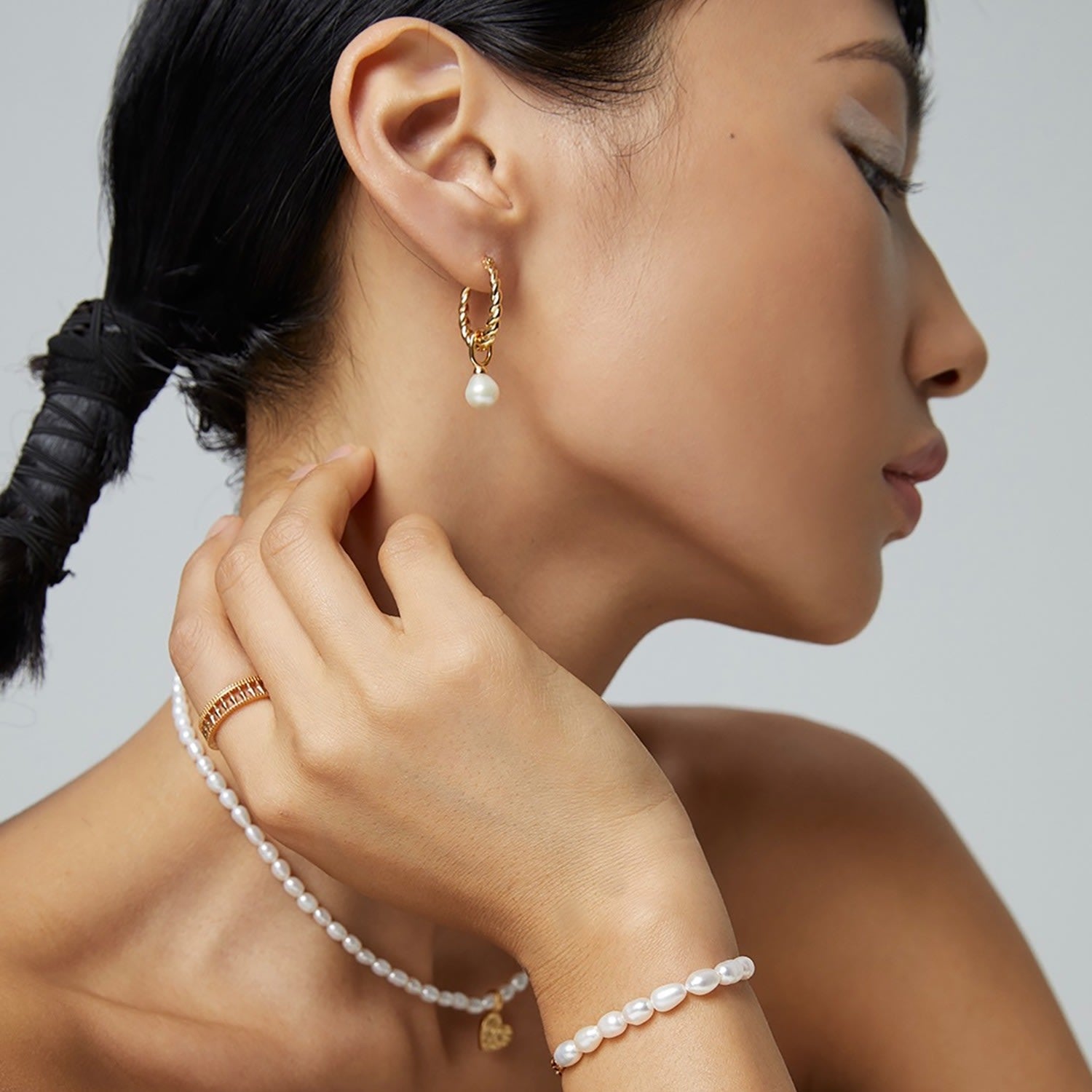 Gold With Removable Freshwater Pearls Dangle Hoop Earrings