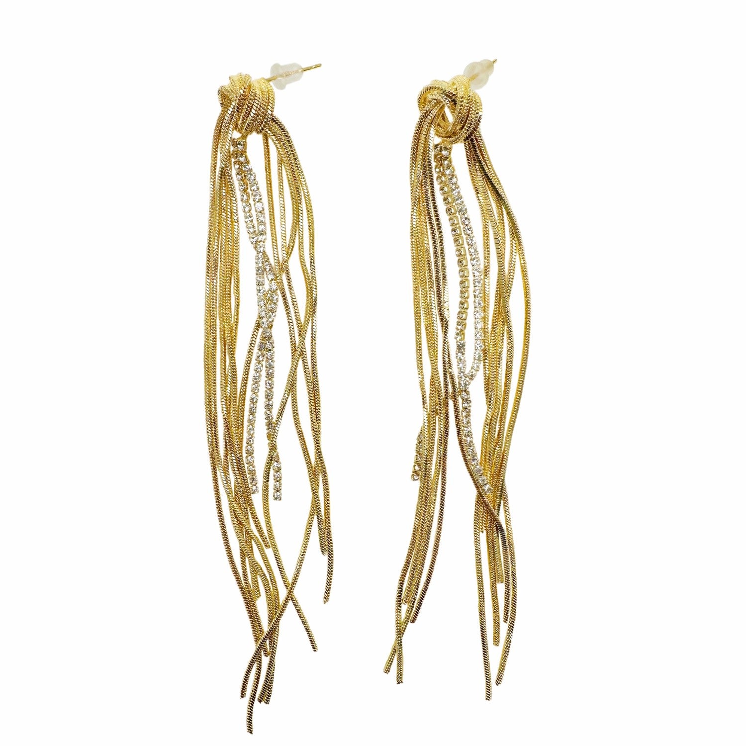 Gold With Zircon Long Tassel Earrings