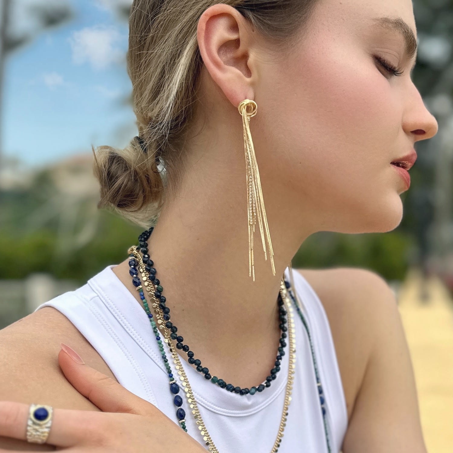 Gold With Zircon Long Tassel Earrings