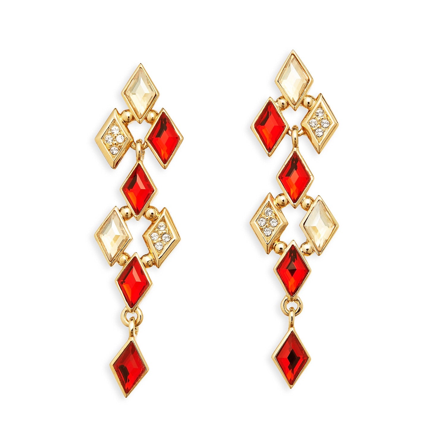 Light Siam Red, Clear & Golden Shadow Crystal Statement Drop Earrings, Series Glitter