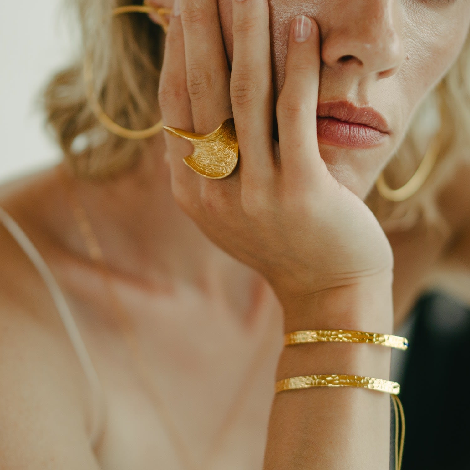 Golden Clay Elegance - Hammered Bracelet 24K Gold Plated