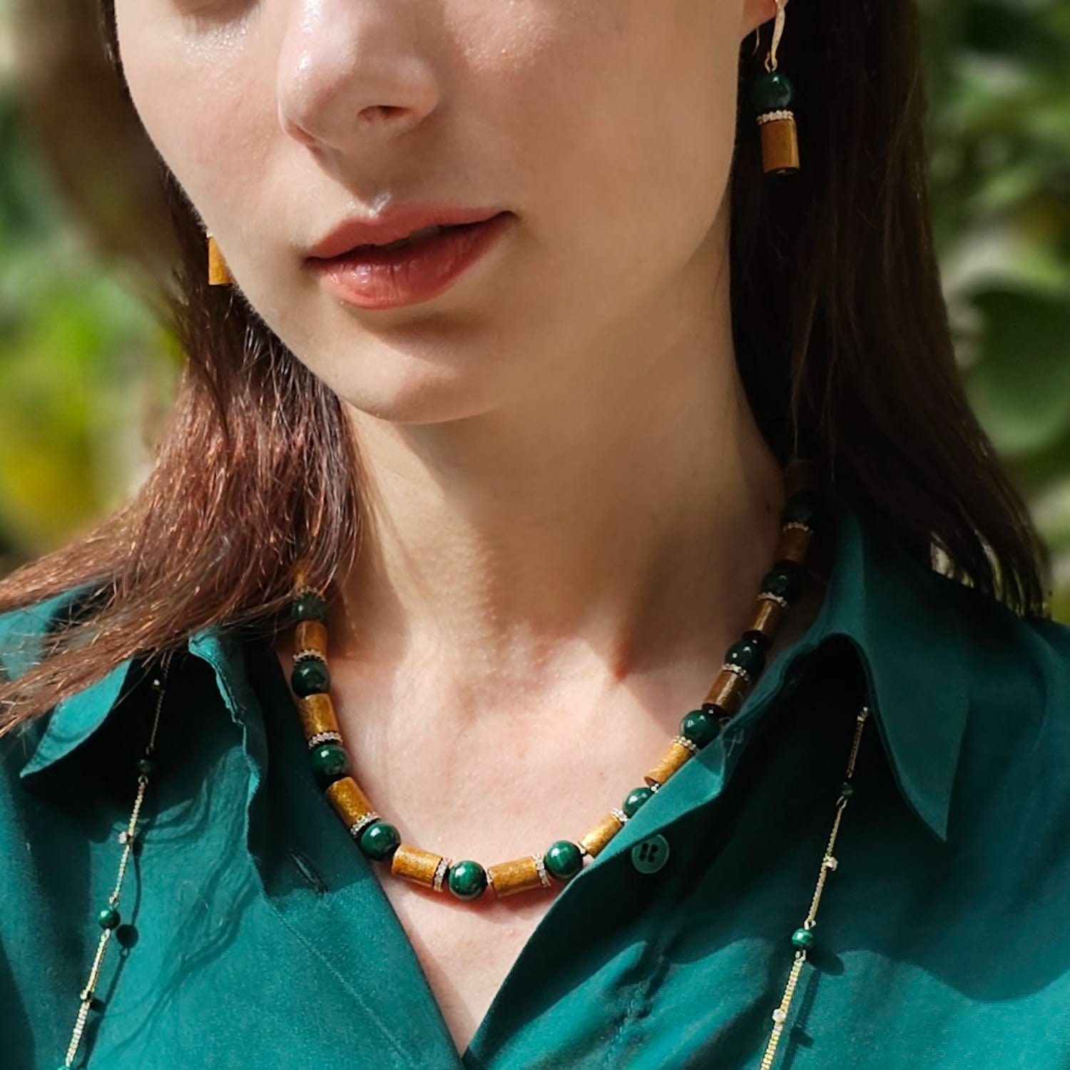 Golden Coral With Green Malachite Necklace