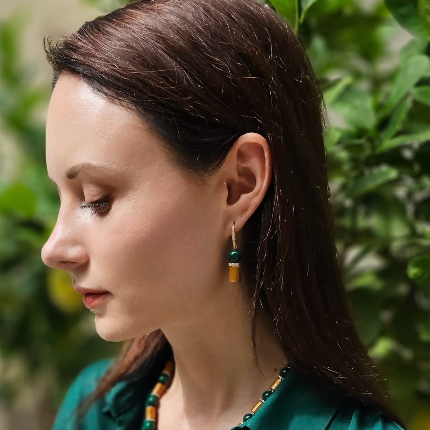Golden Coral With Malachite Dangle Earrings