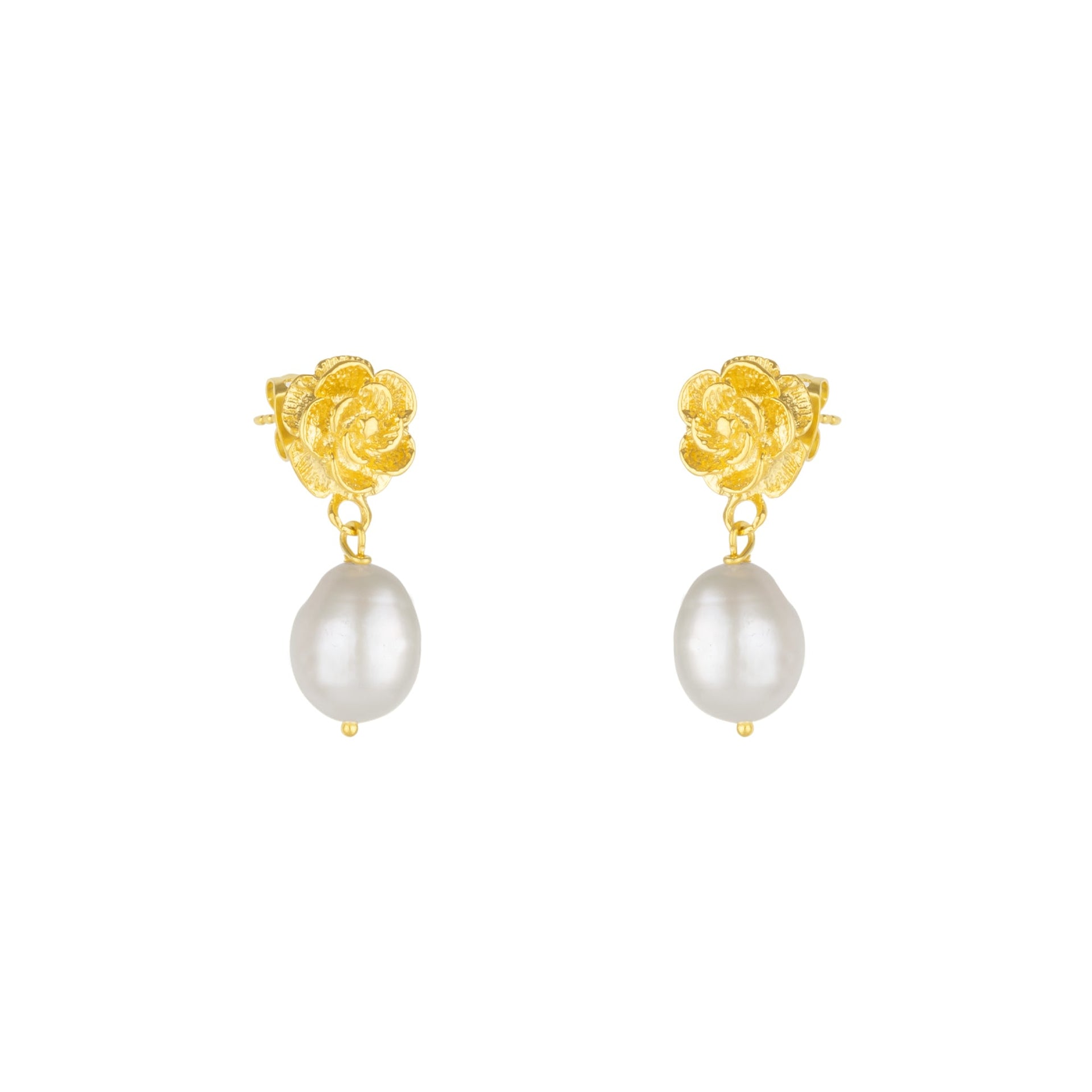 Gold Rose Drop Earring With Pearl