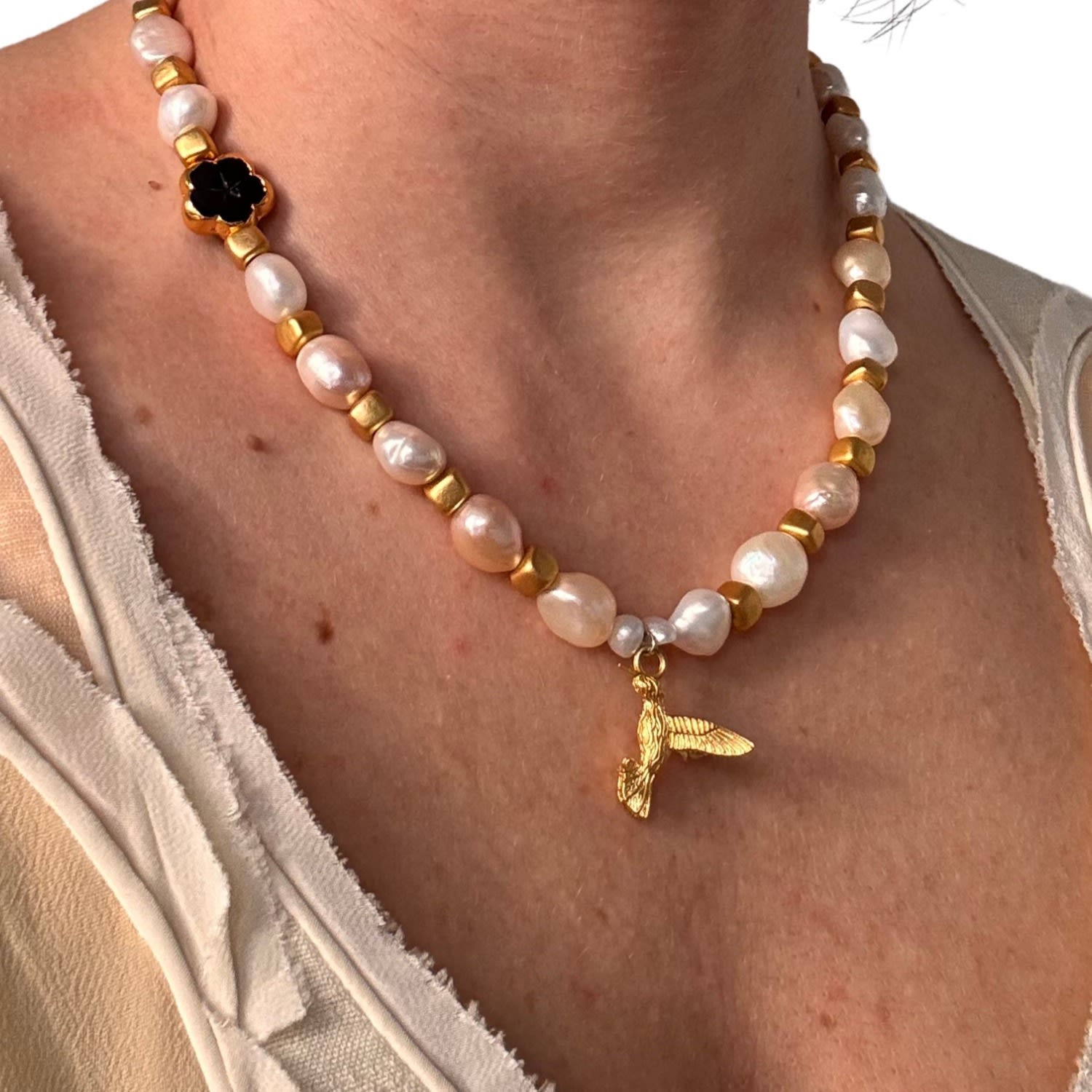 Golden Wings And Noir Blossom Necklace