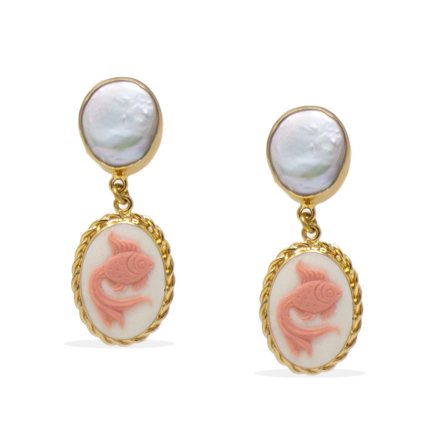 Goldfish Cameo Earrings With Pearls