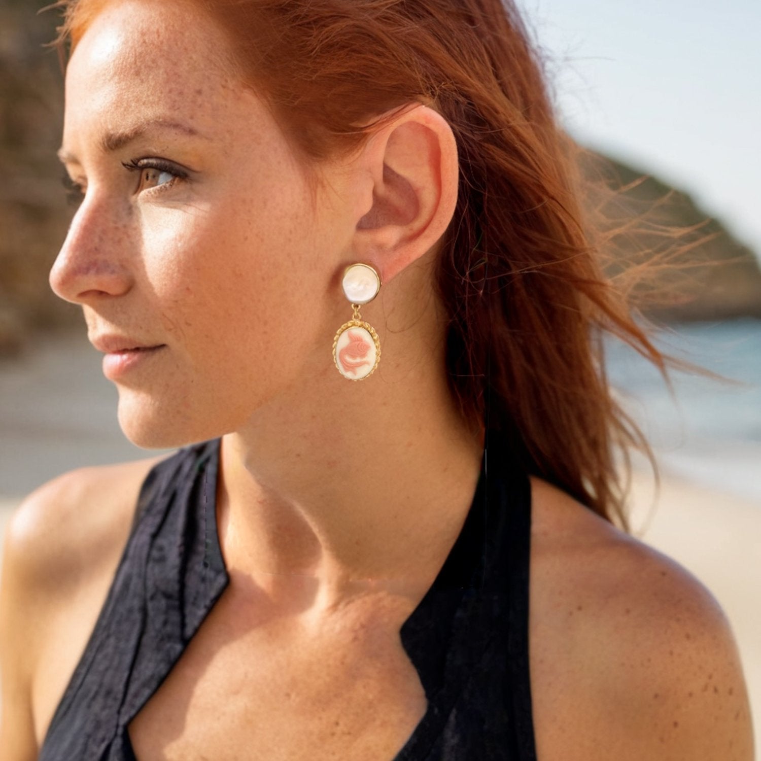 Goldfish Cameo Earrings With Pearls