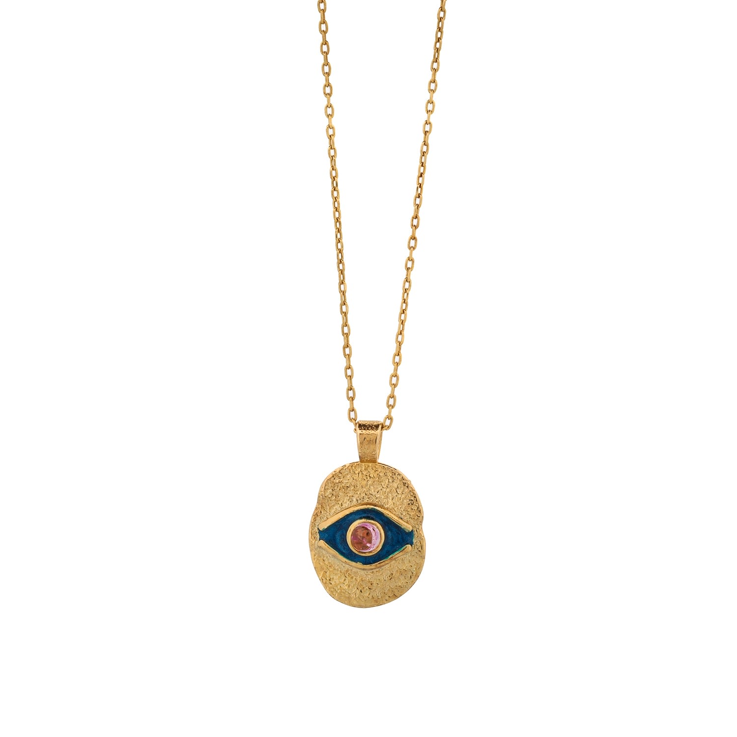 Blue Enamel & Tourmaline Stone Evil Eye Gold Pendant Good Karma Necklace - Gold