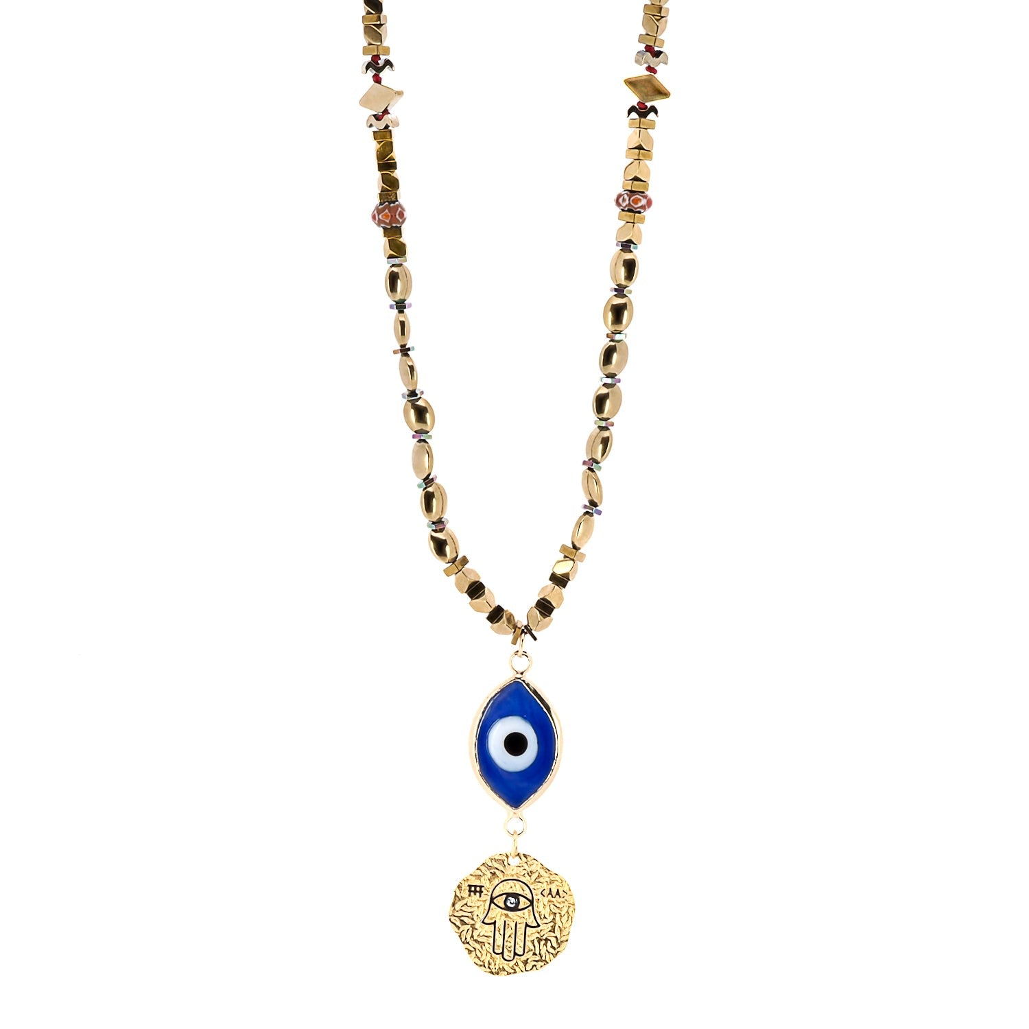 Ceramic Evil Eye Gold Hamsa Pendant Hematite Beaded Necklace - Gold
