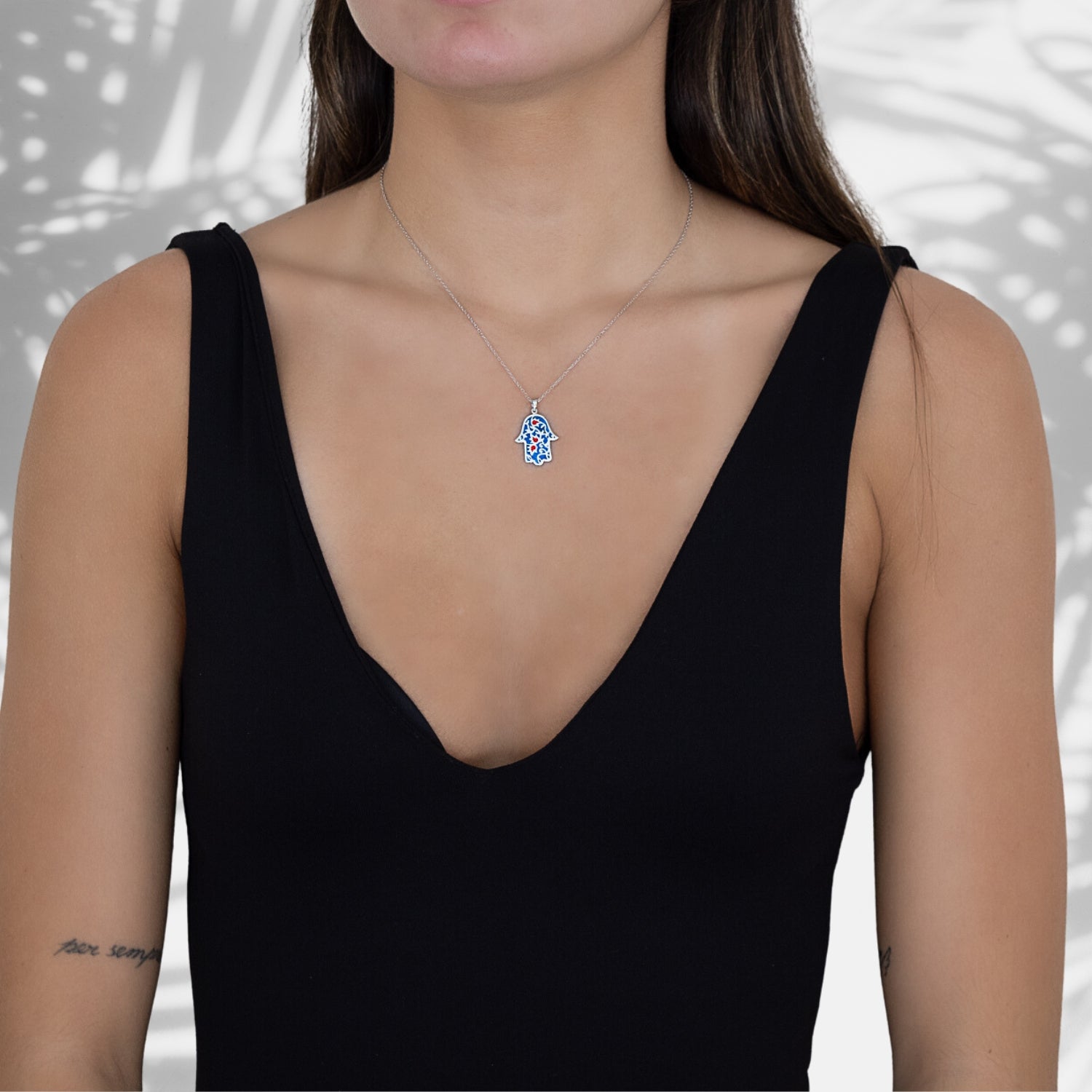 Sterling Silver Blue & Red Enamel Hamsa Hand Necklace - Blue