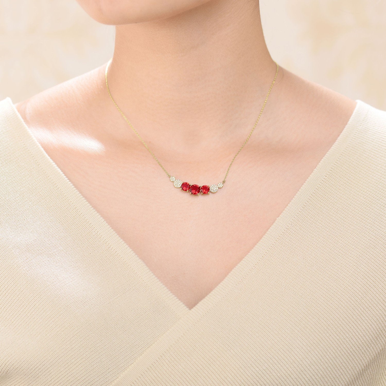 Gorgeous Sterling Silver Gold Plated With Red Cubic Zirconia Bar Necklace