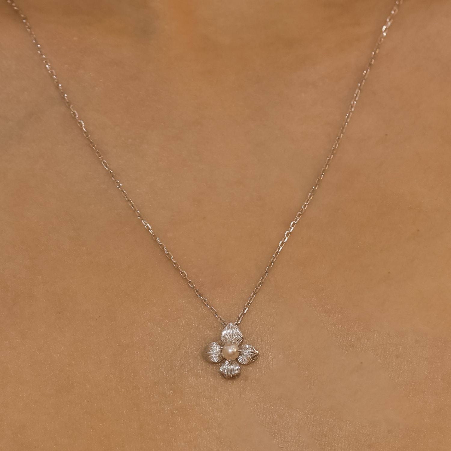 Gossamer Petal Pearl Necklace White Gold Vermeil