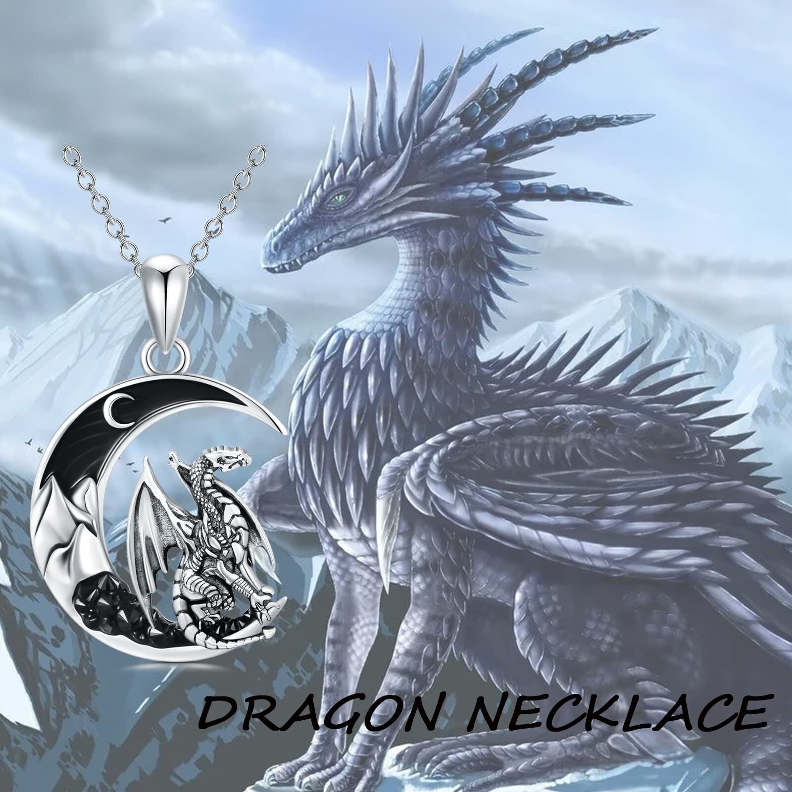 Sterling Silver Dragon & Moon Necklace for Women
