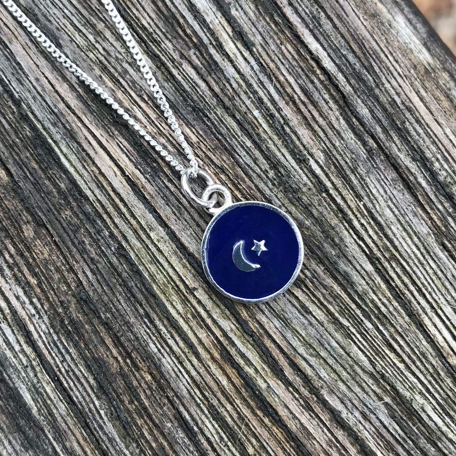 Small Moon & Star Enamel Necklace Sterling Silver Indigo
