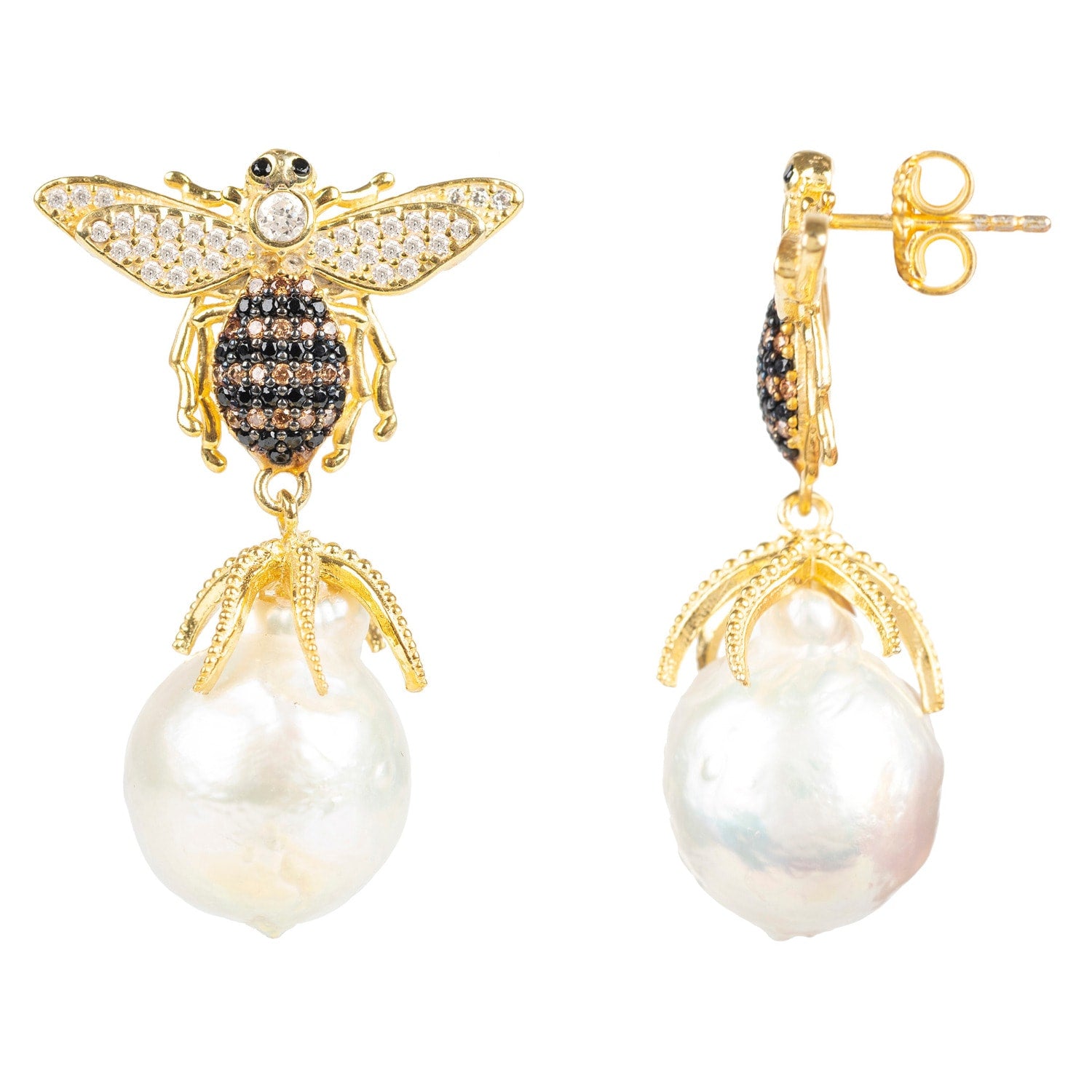 Baroque Pearl Honey Bee Drop Earrings Gold