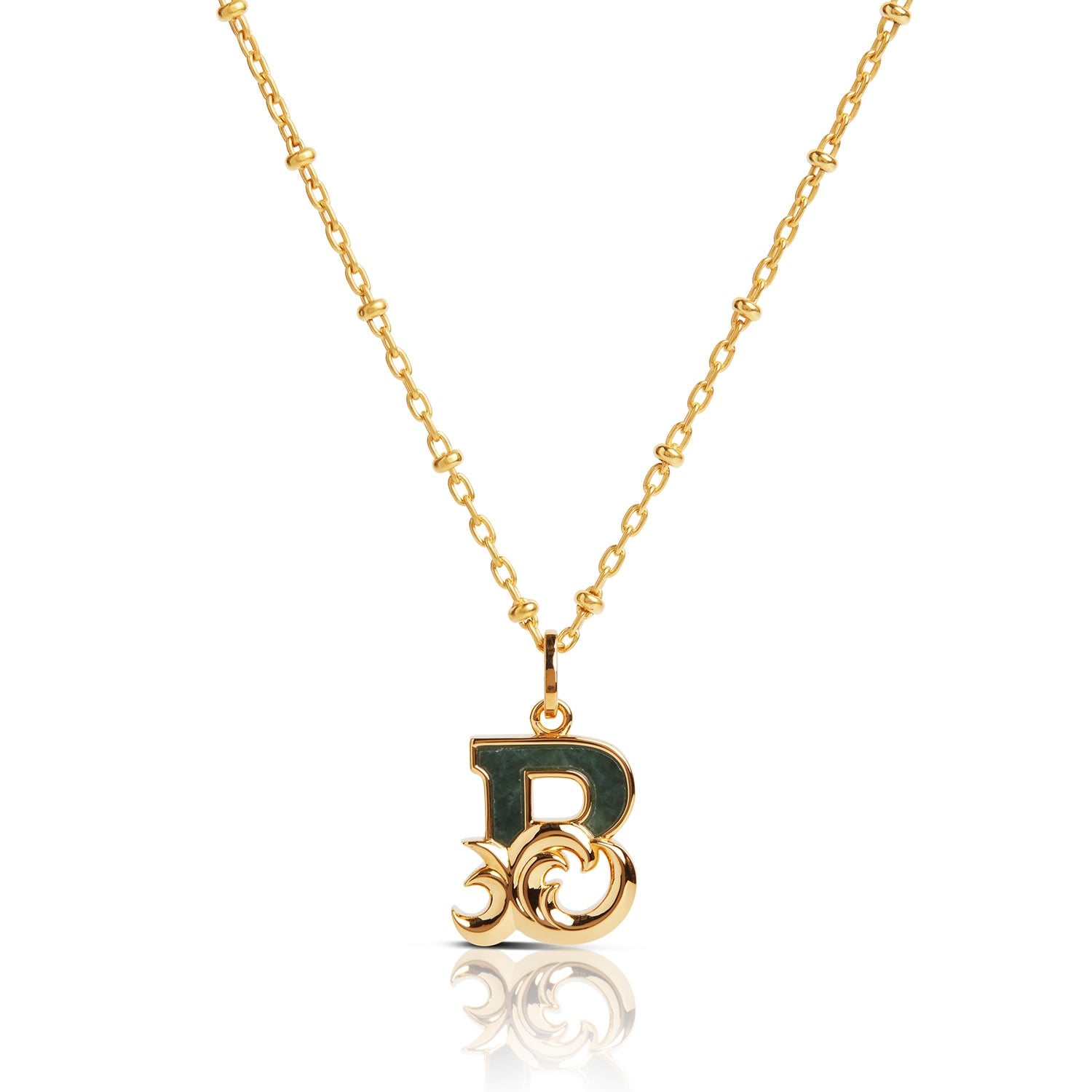 Gold Plated B Initial Necklace With Green Marble