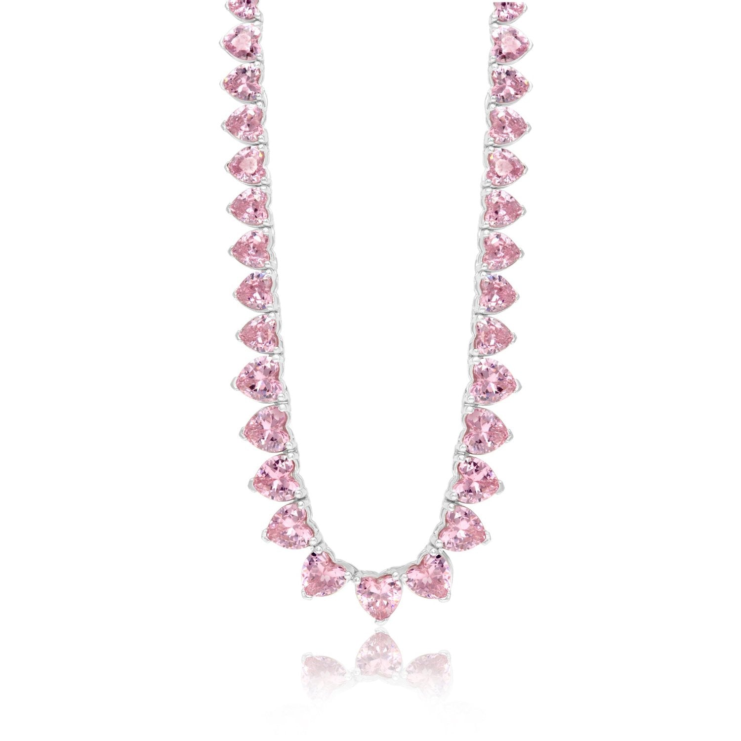 Graduated Heart Tennis Necklace - Pink
