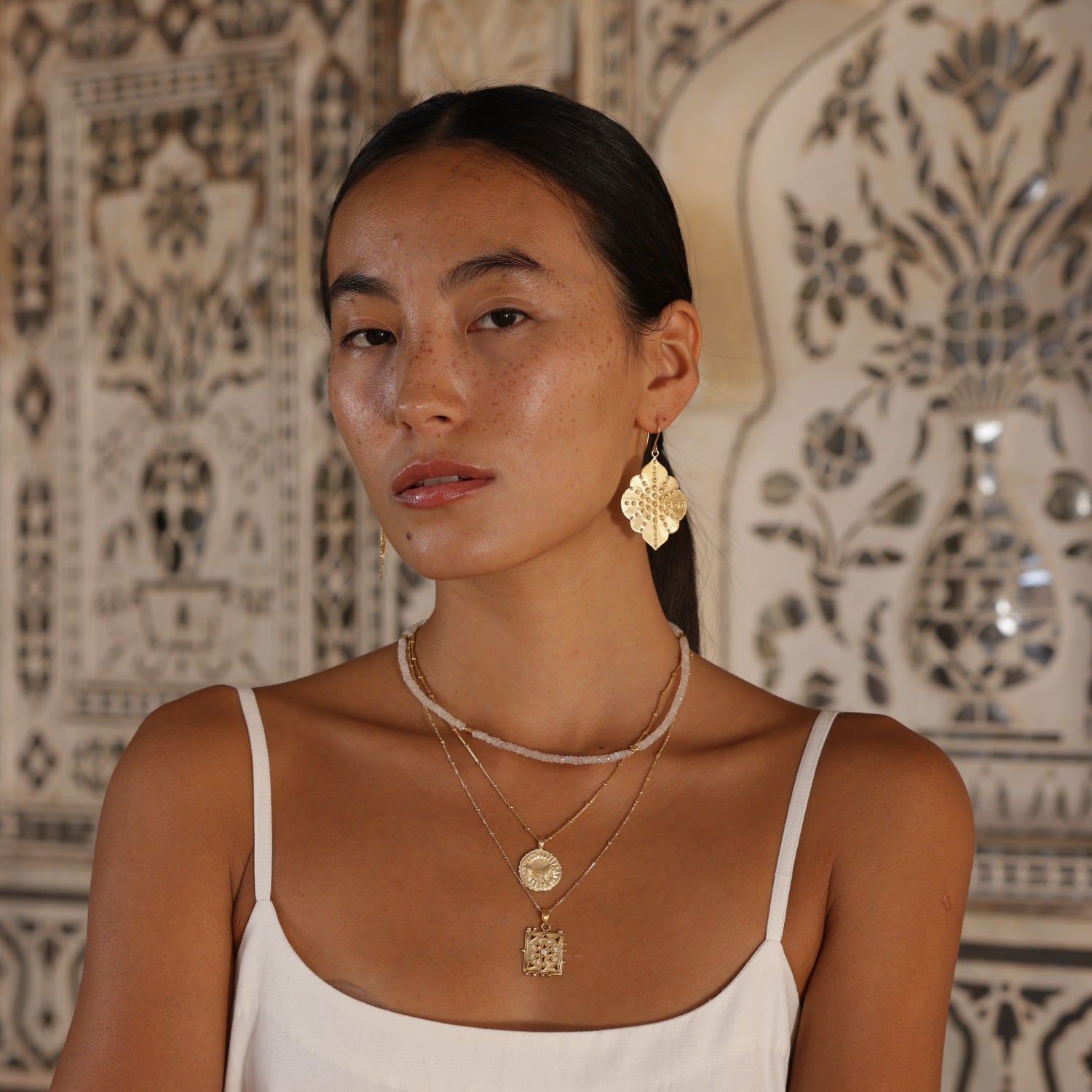 Granulated Ashram Window Earrings - Gold Plated