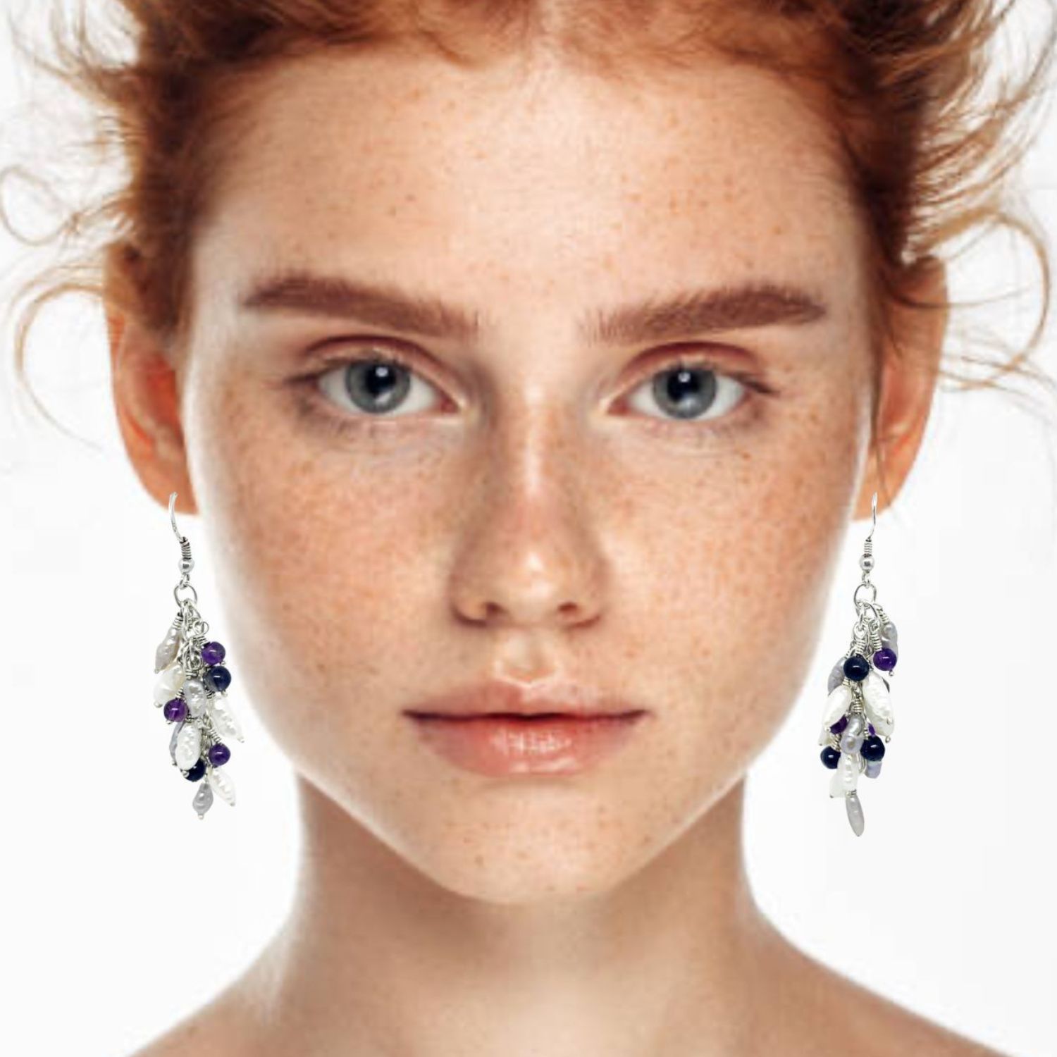 Grappolo Dangle Silver Earrings Freshwater Pearls And Mix Gemstones One Of A Kind