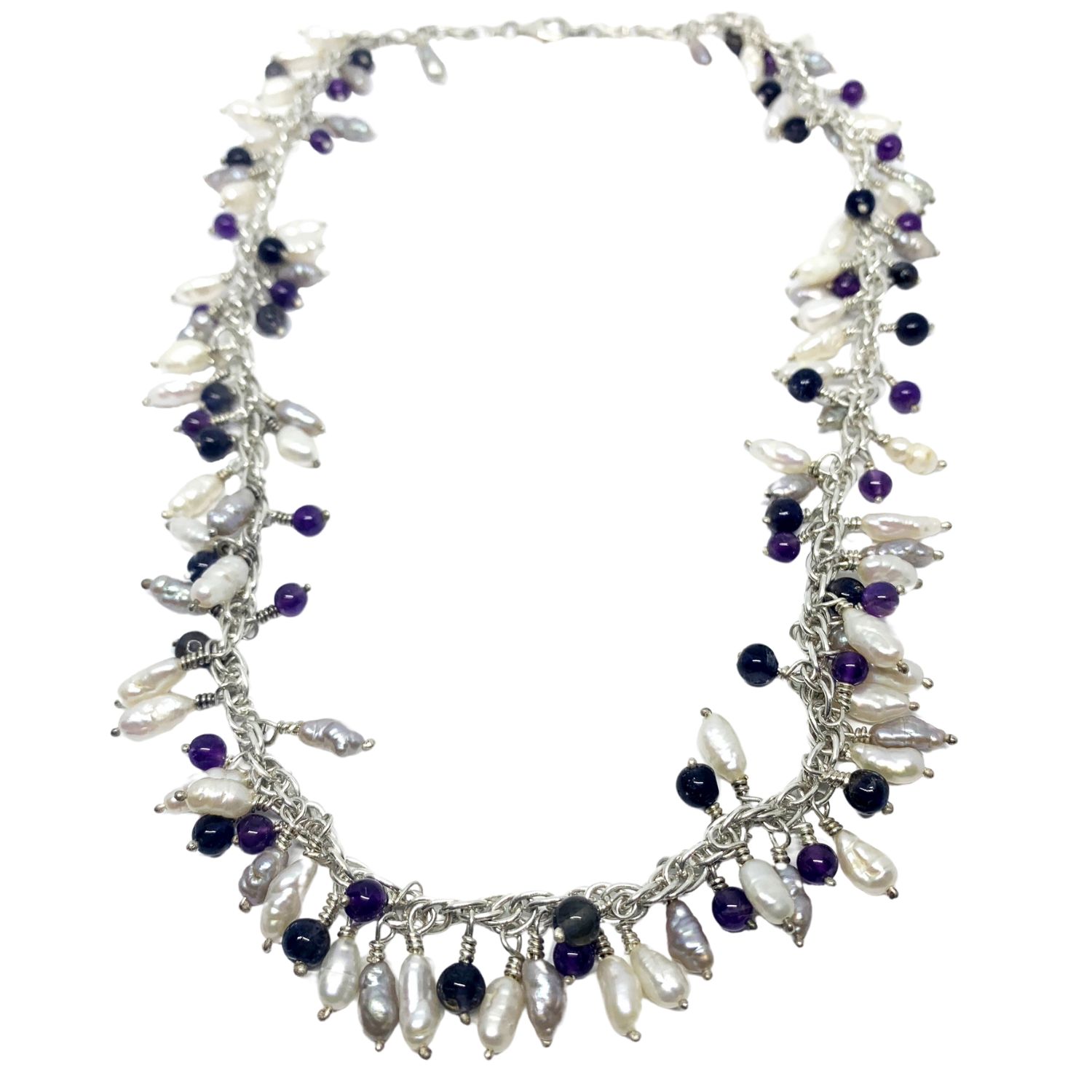 Grappolo Fresh Water Pearls, Amethyst And Iolite Silver Necklace One Of A Kind