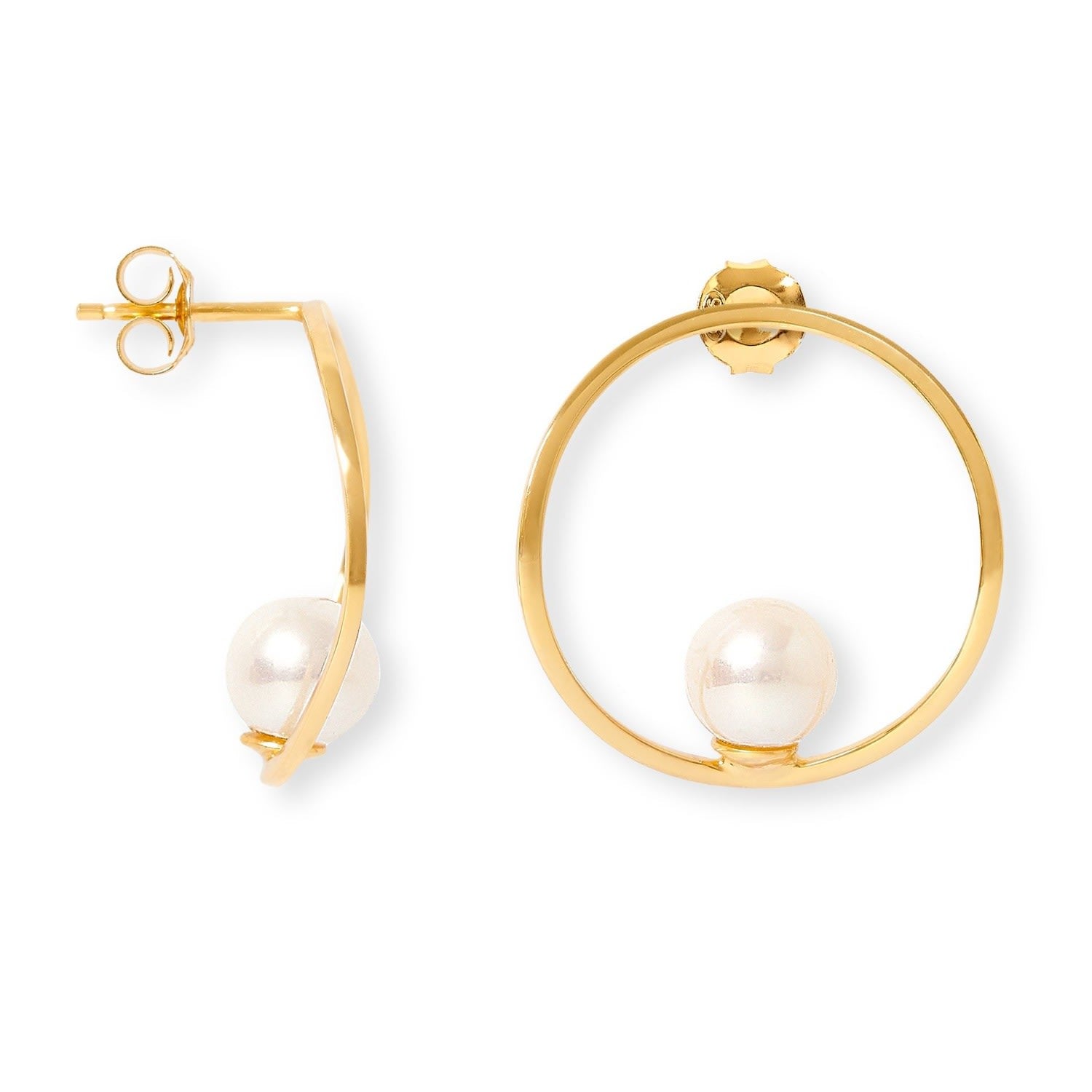 Gratia Large Gold Curved Circle Stud Earrings With Cultured Akoya Pearl