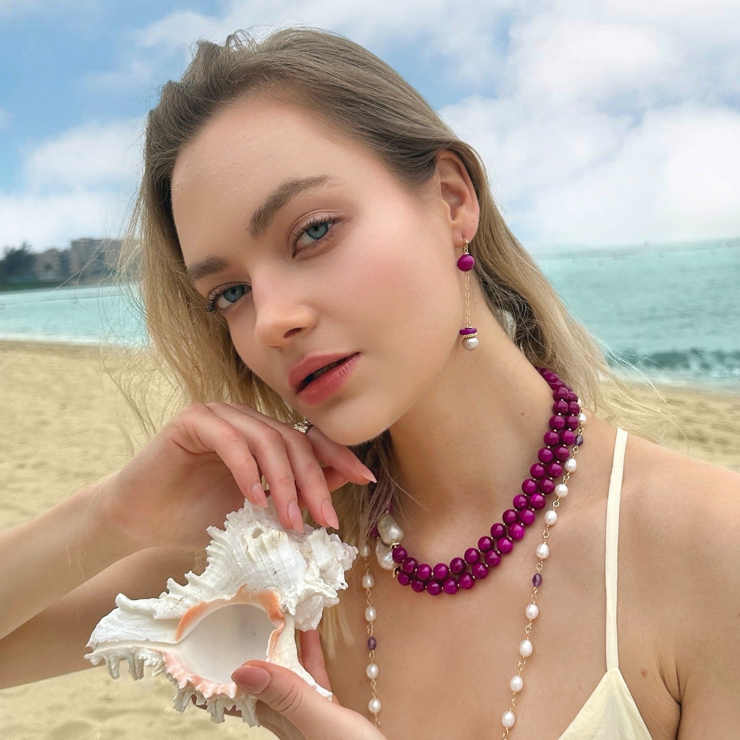 Gray Freshwater Pearls And Magenta Gemstone Dangle Earrings