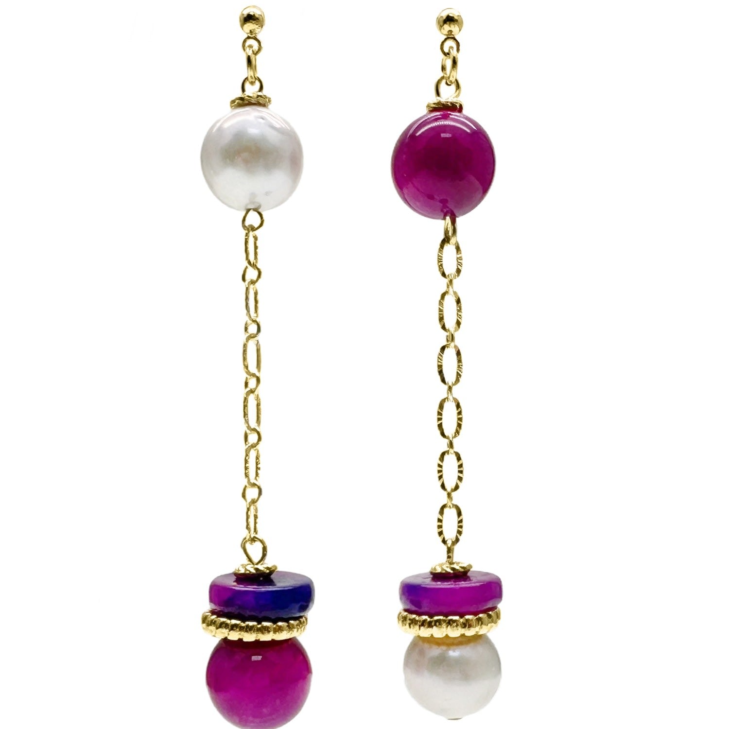 Gray Freshwater Pearls And Magenta Gemstone Dangle Earrings