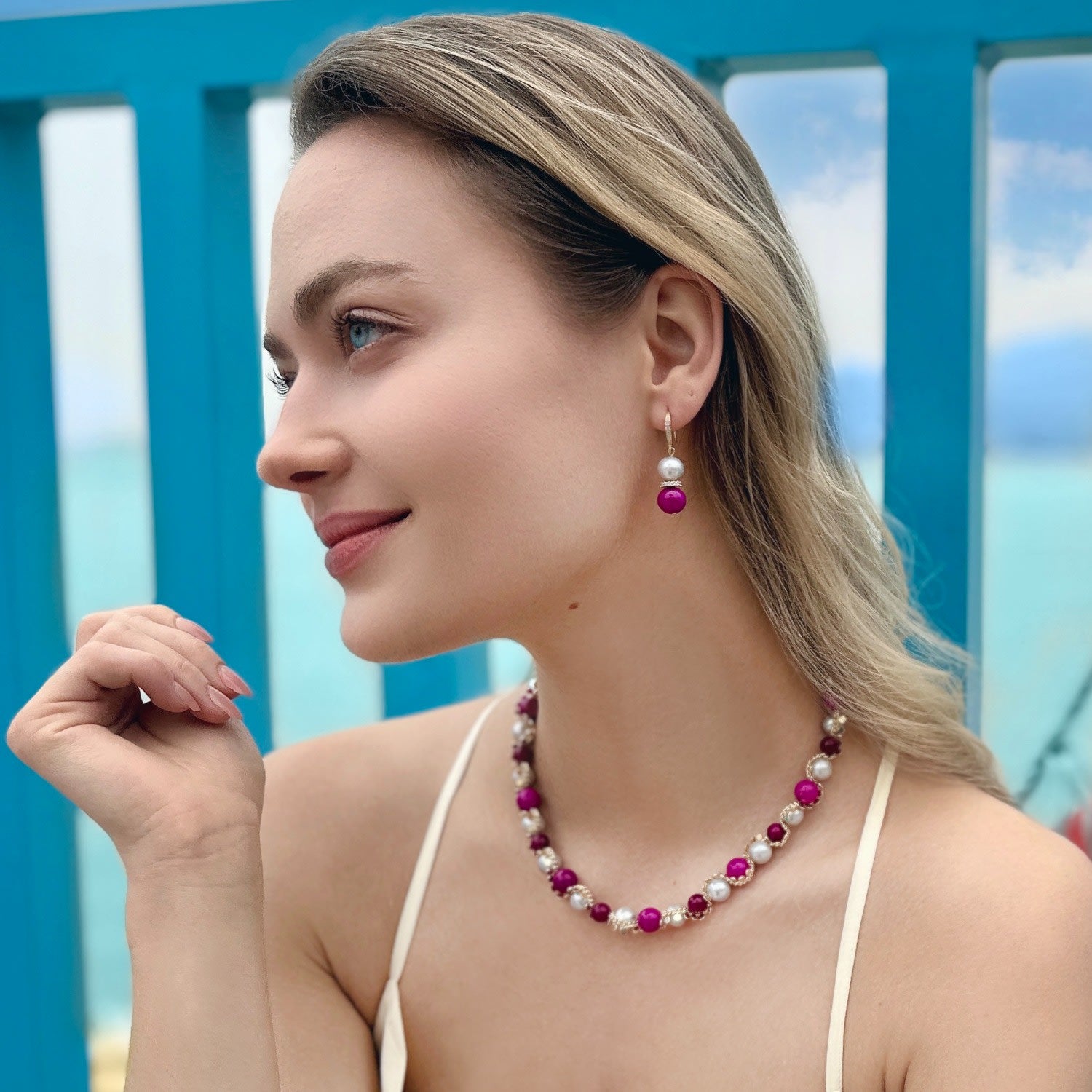 Gray Freshwater Pearls With Magenta Gemstone Statement Necklace