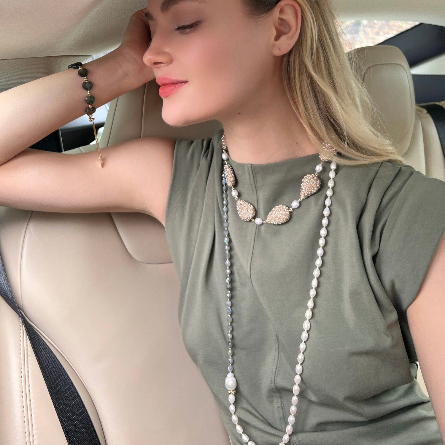 Gray Labradorite With Freshwater Baroque Pearls Long Necklace