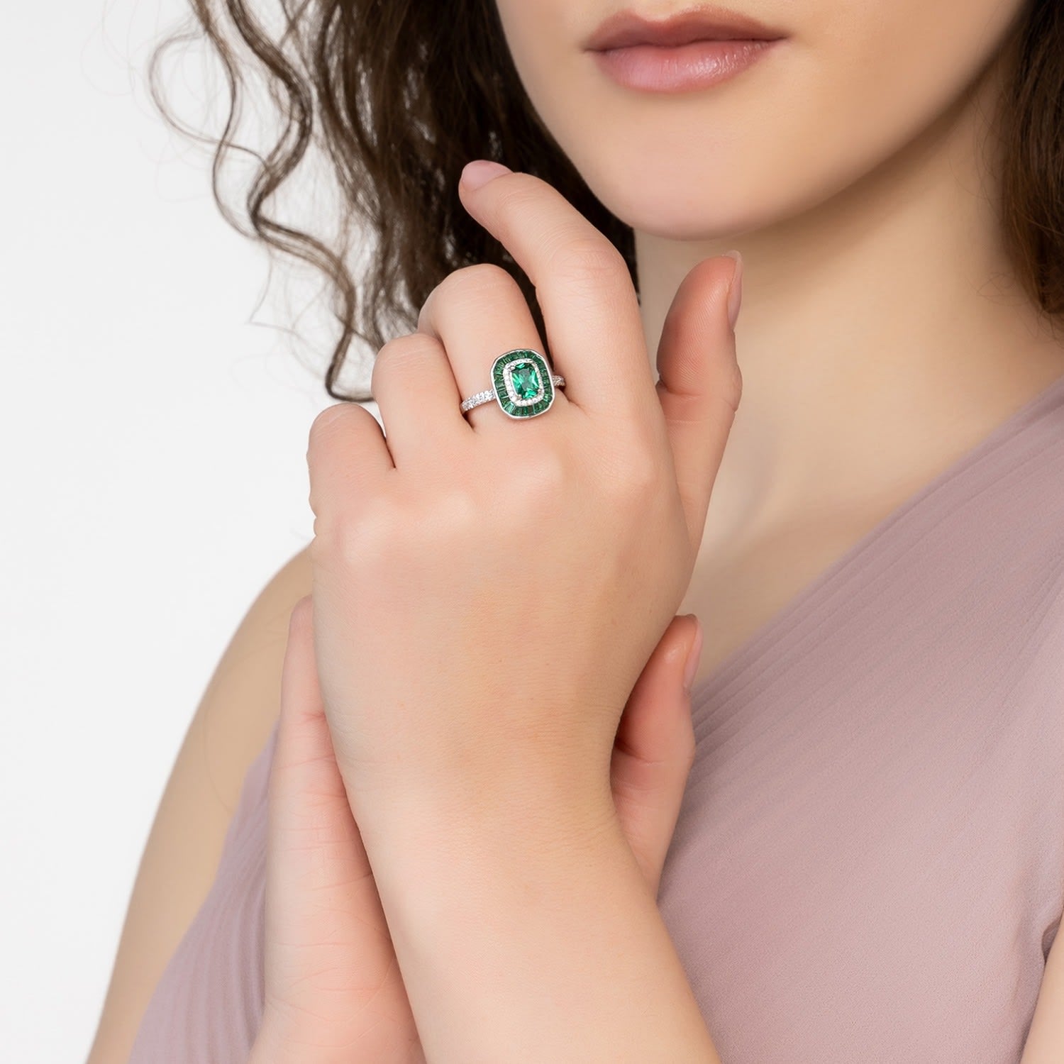 Great Gatsby Cocktail Ring Emerald Silver