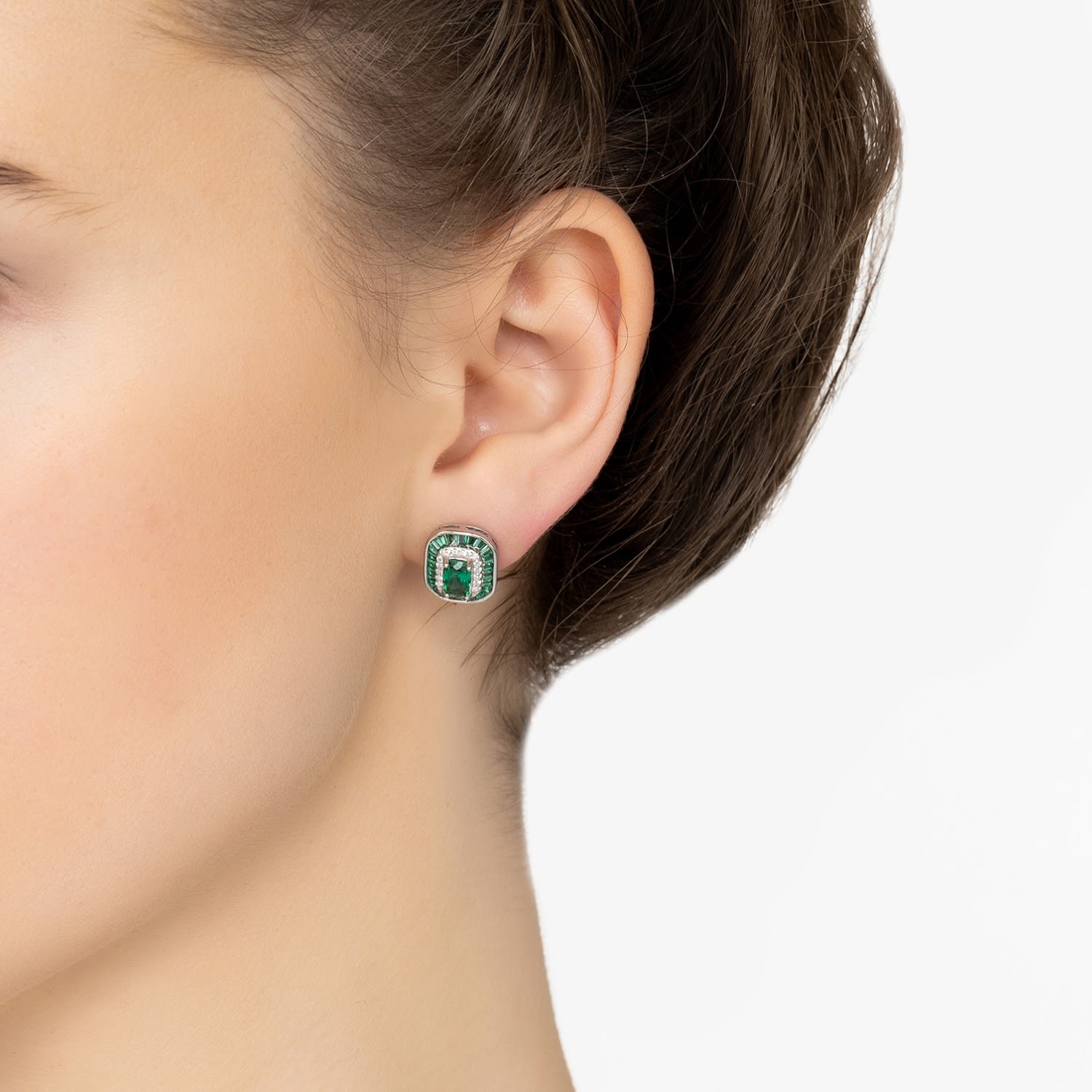 Great Gatsby Stud Earrings Emerald Silver