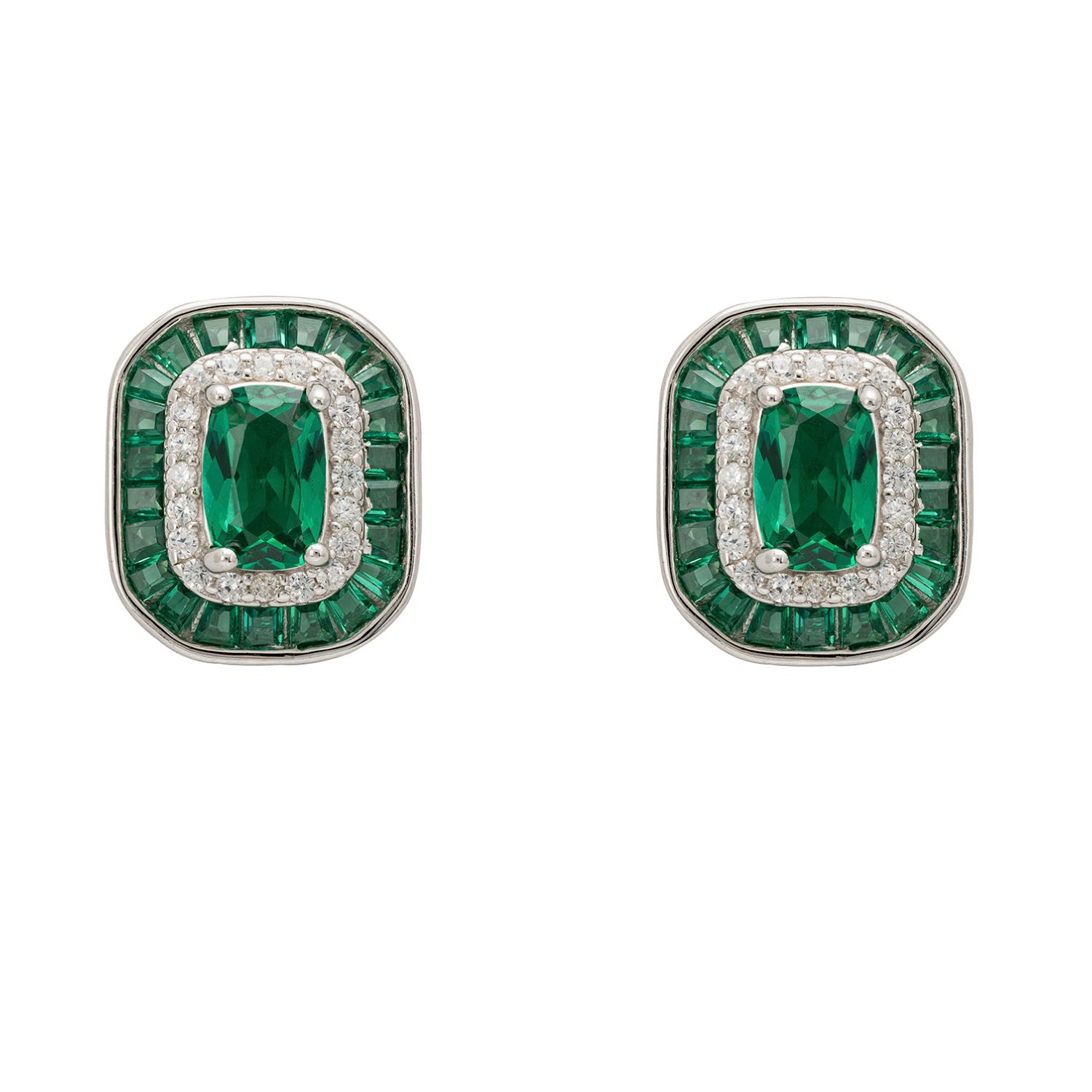Great Gatsby Stud Earrings Emerald Silver