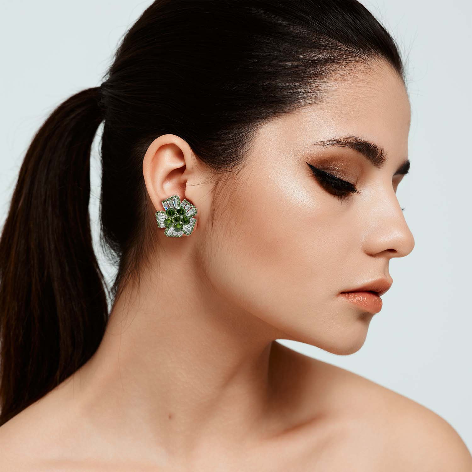 Greeen Tourmaline And Baguette Crystal Clip On Button Earrings