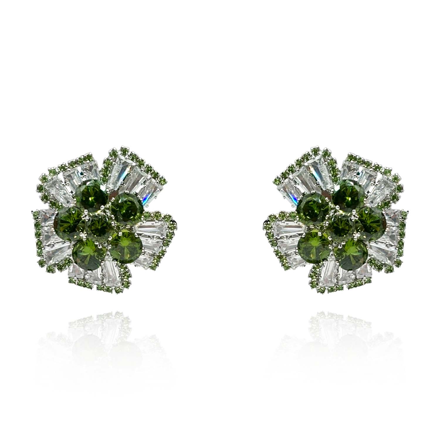 Greeen Tourmaline And Baguette Crystal Clip On Button Earrings